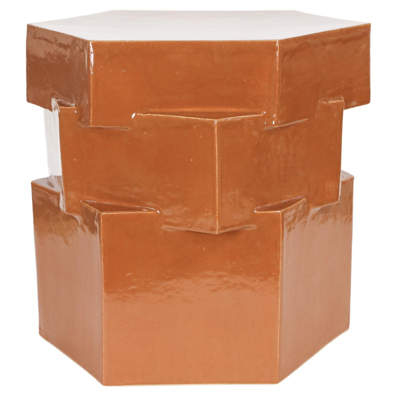 Triple Tier Ceramic Hex Side Table in Cinnamon by BZIPPY For Sale