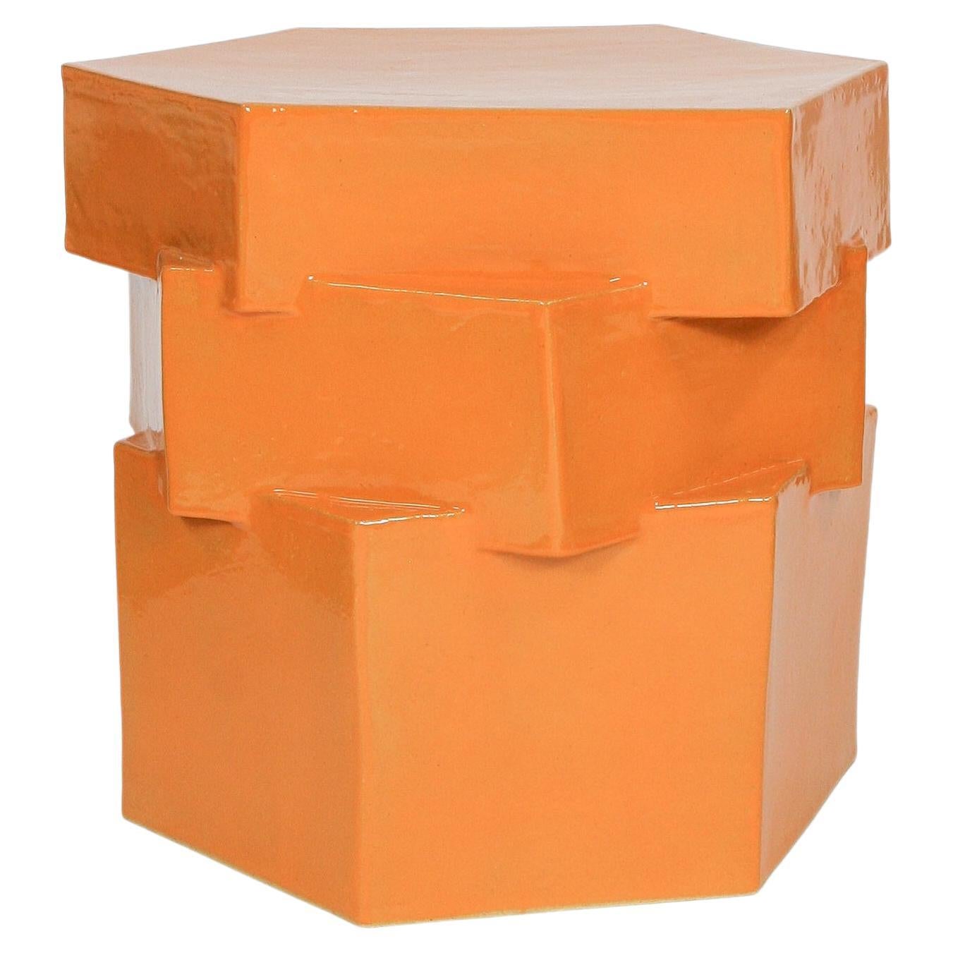 Triple Tier Ceramic Hex Side Table in Gloss Orange by BZIPPY For Sale