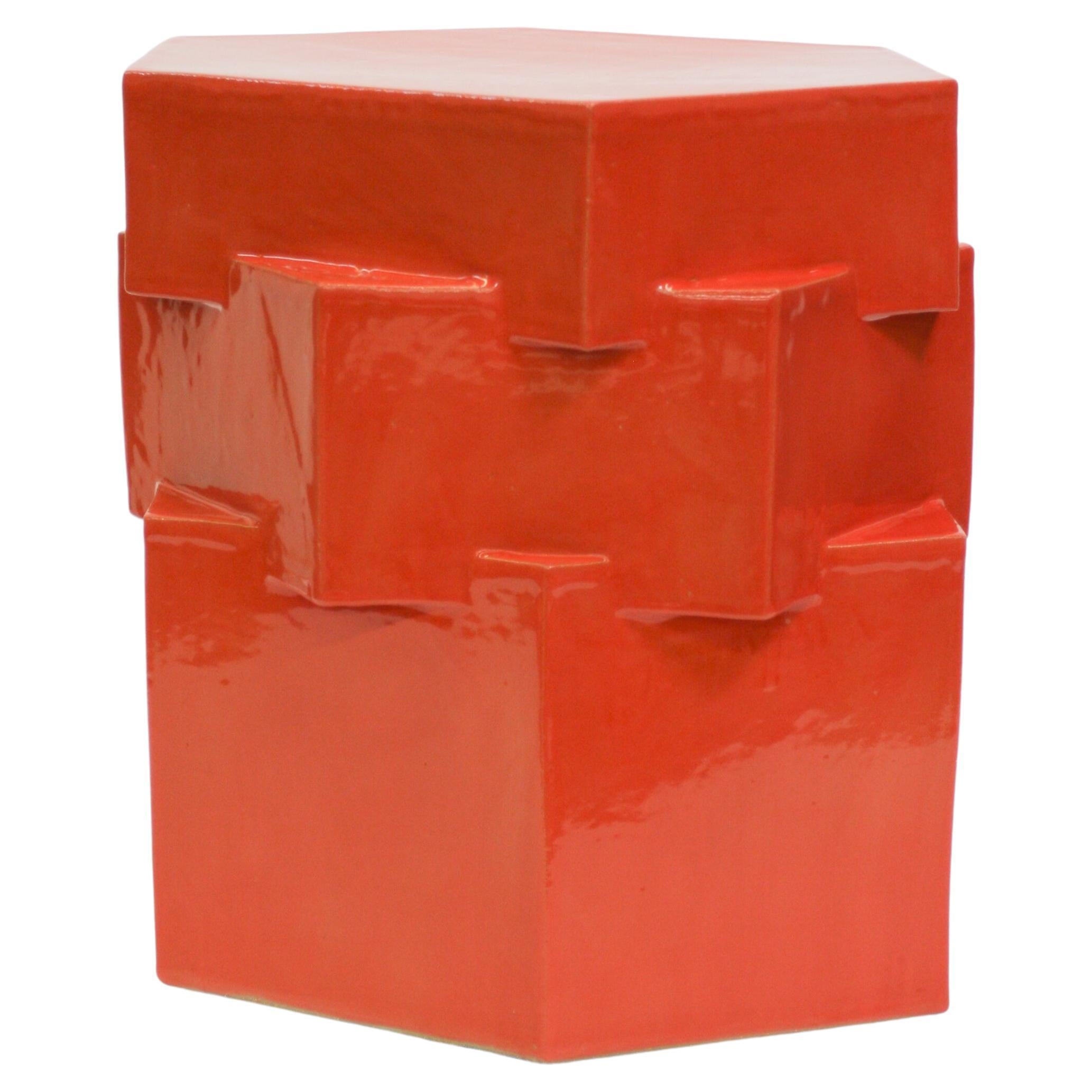 Triple Tier Ceramic Hex Side Table in Gloss Red by BZIPPY For Sale