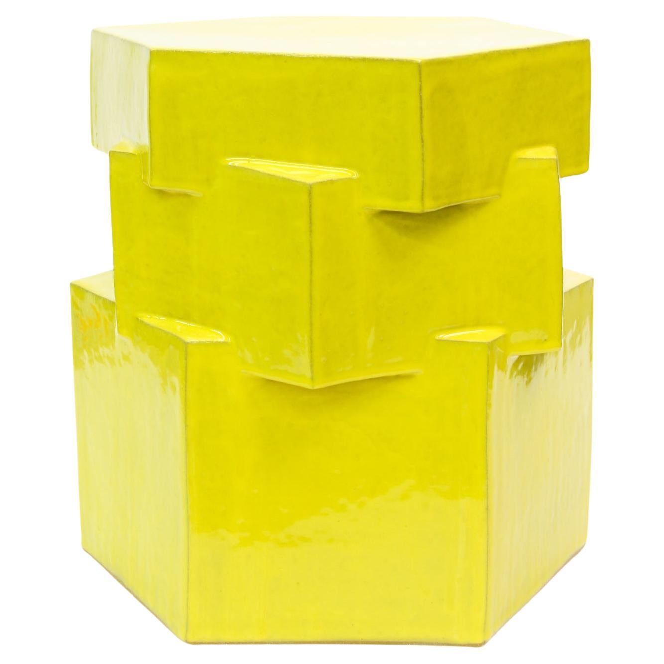 Triple Tier Ceramic Hex Side Table in Gloss Yellow by BZIPPY For Sale