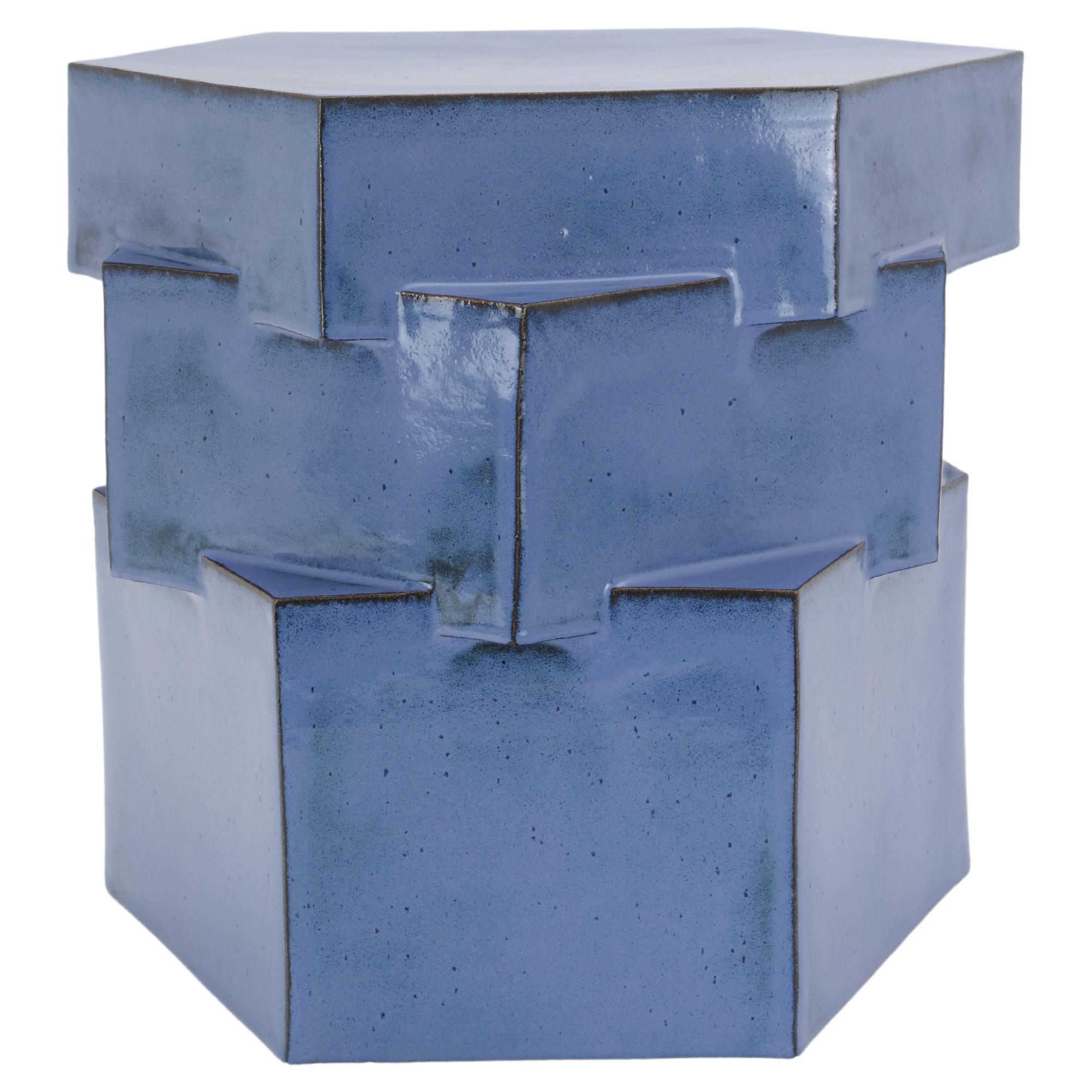Triple Tier Ceramic Hex Side Table in Mottled Blue by Bzippy For Sale