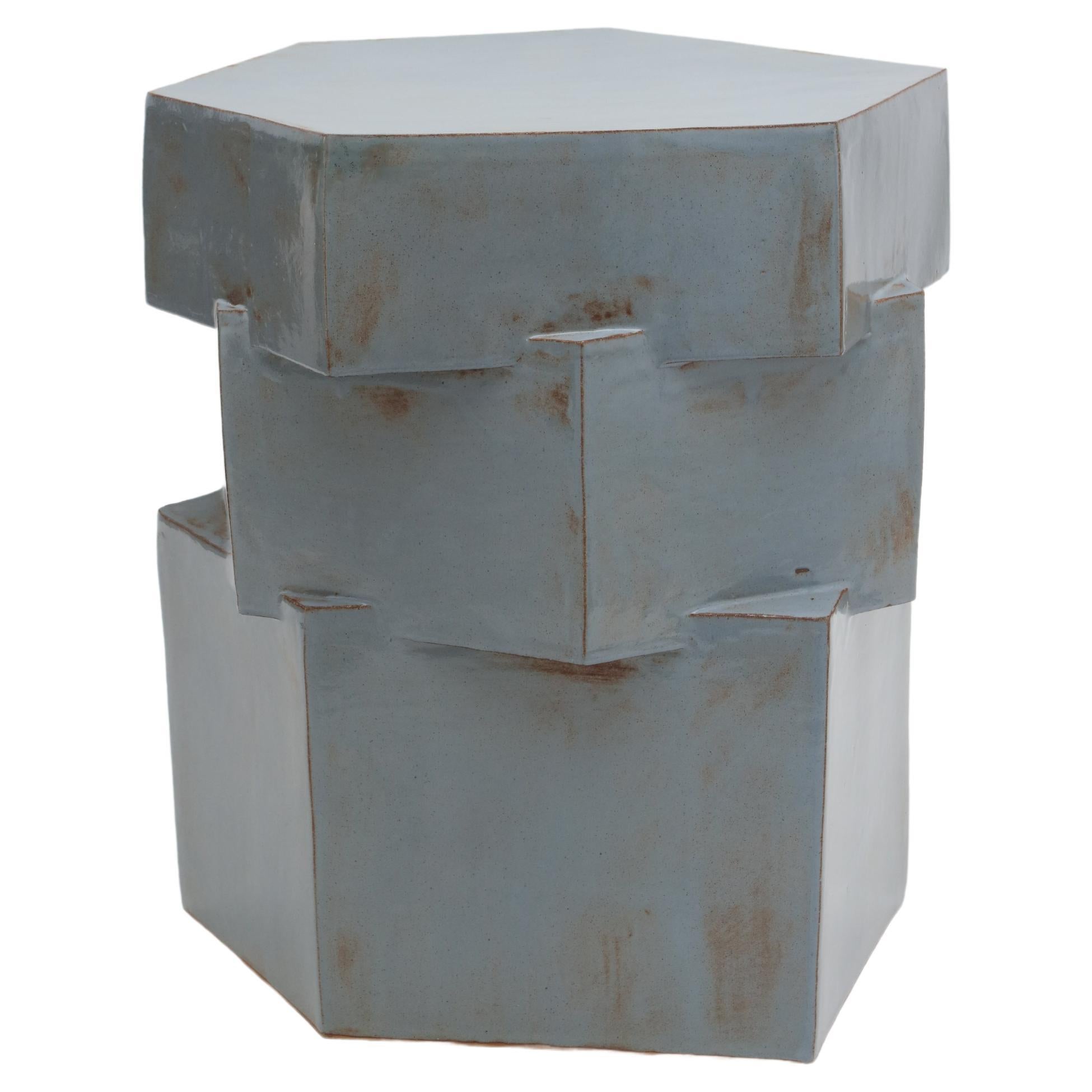 Triple Tier Ceramic Hex Side Table in Rusty Blue Shino by BZIPPY For Sale