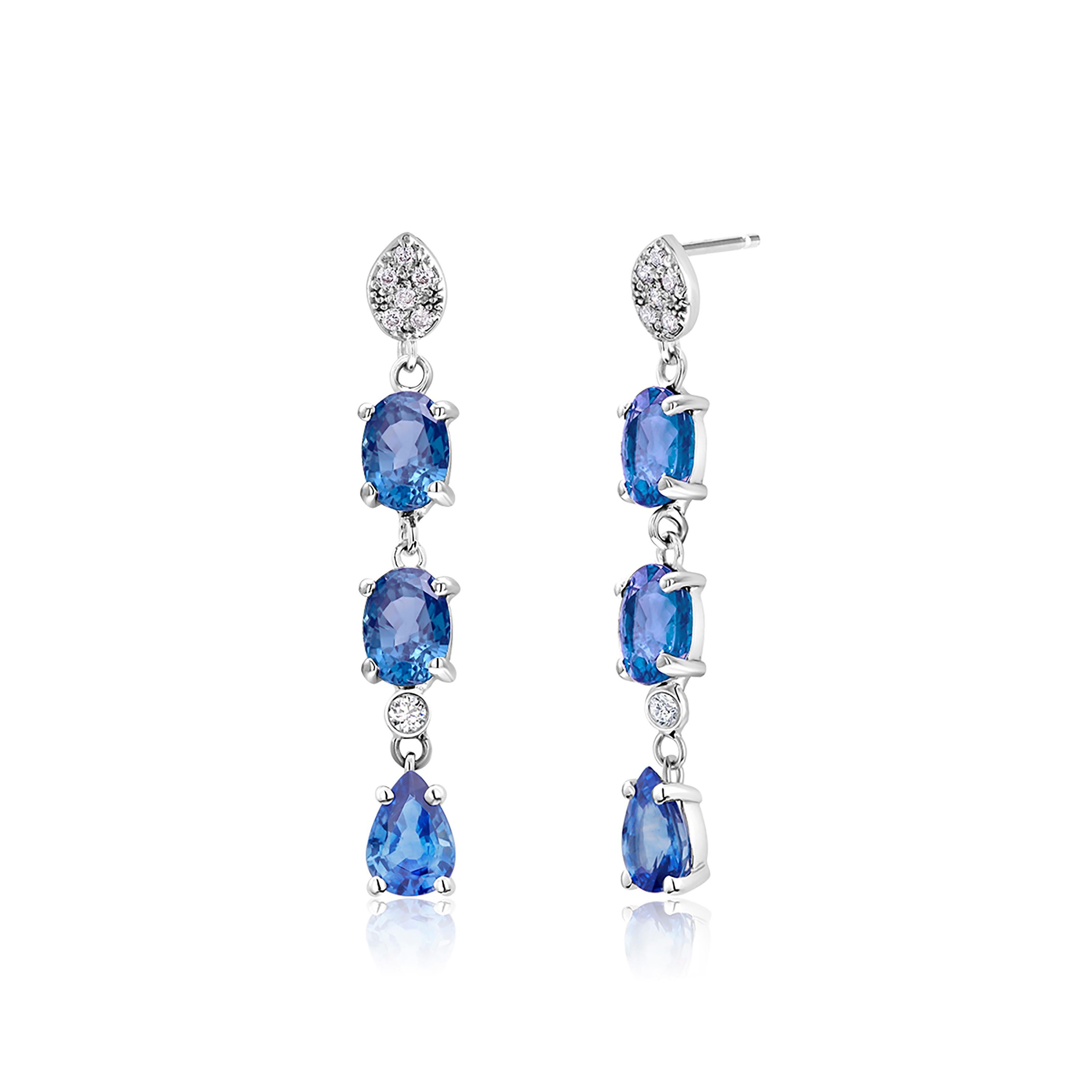 Oval Cut Triple Tier Ceylon Cornflower Blue Sapphires and Diamonds Drop Earrings