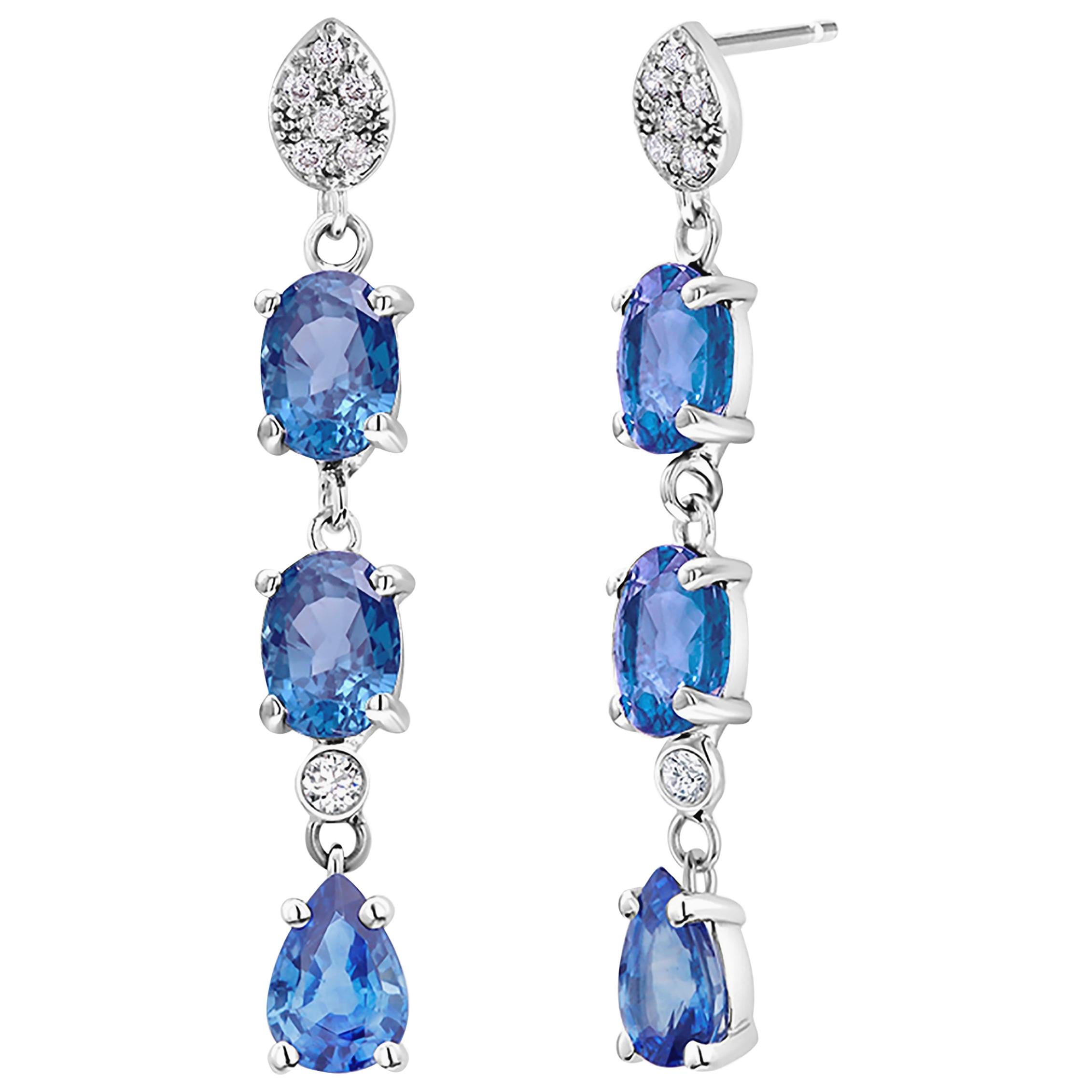 Triple Tier Ceylon Cornflower Blue Sapphires and Diamonds Drop Earrings