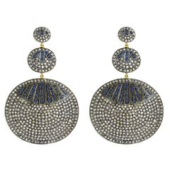 Boucles d'oreilles à trois niveaux de diamants pavés avec saphirs en or 14k et argent
