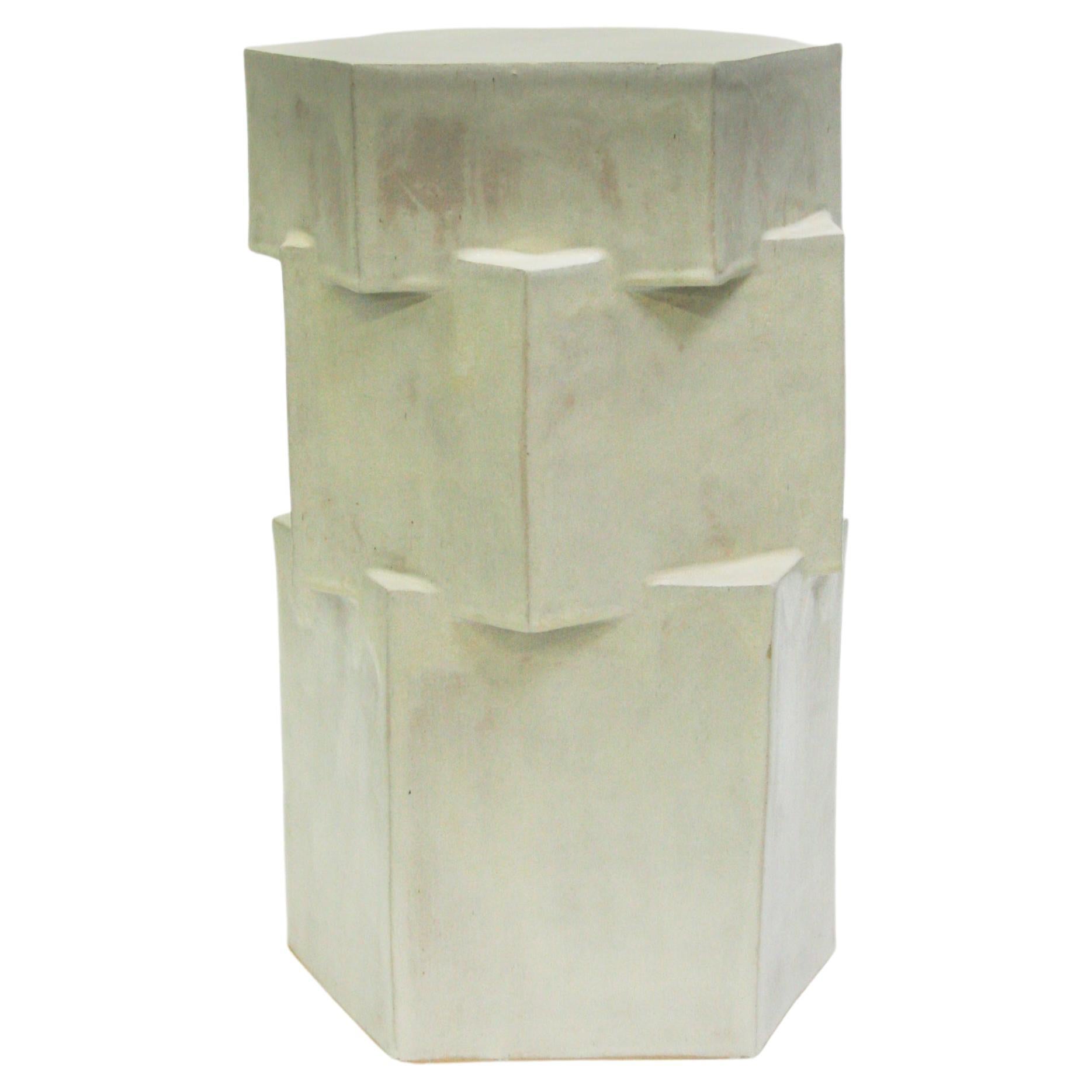 Triple Tier Tall Ceramic Hex Side Tabl in Cream by BZIPPY For Sale