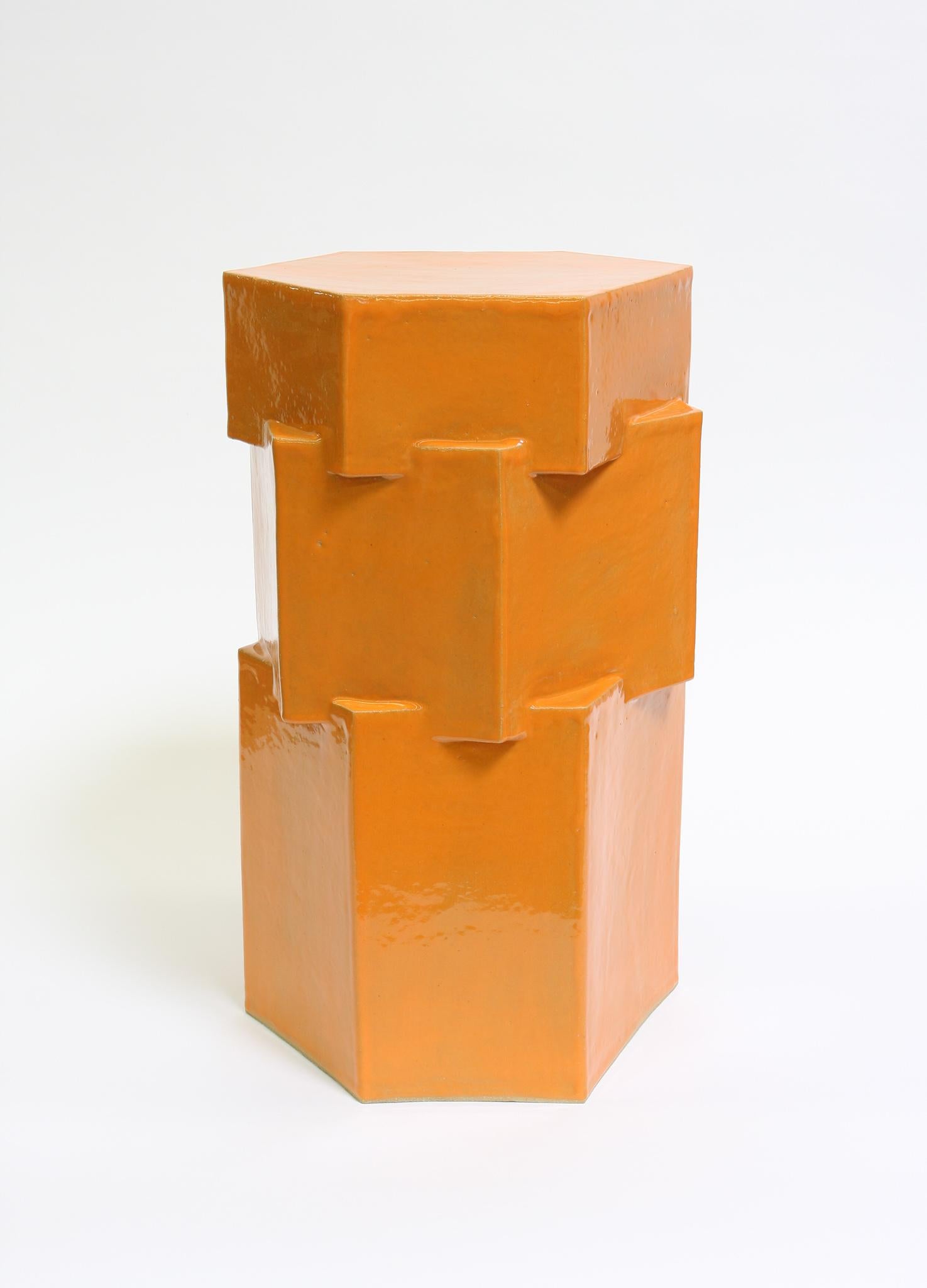 Modern Triple Tier Tall Ceramic Hex Side Table in Gloss Orange by BZIPPY For Sale
