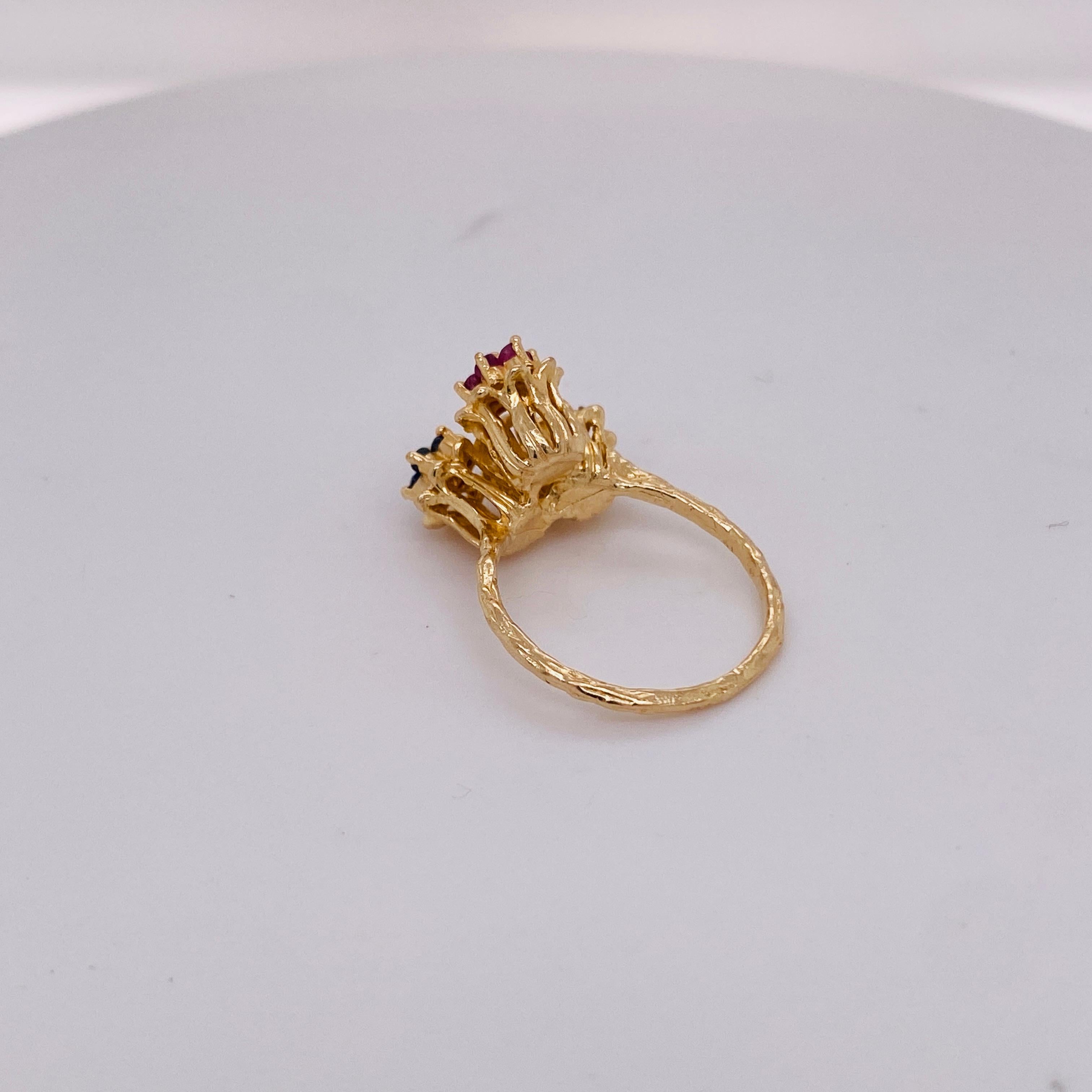 Dreifacher Tulpenring Rubine Saphire Smaragde & Diamanten Cluster in 14K Gold im Zustand „Hervorragend“ im Angebot in Austin, TX
