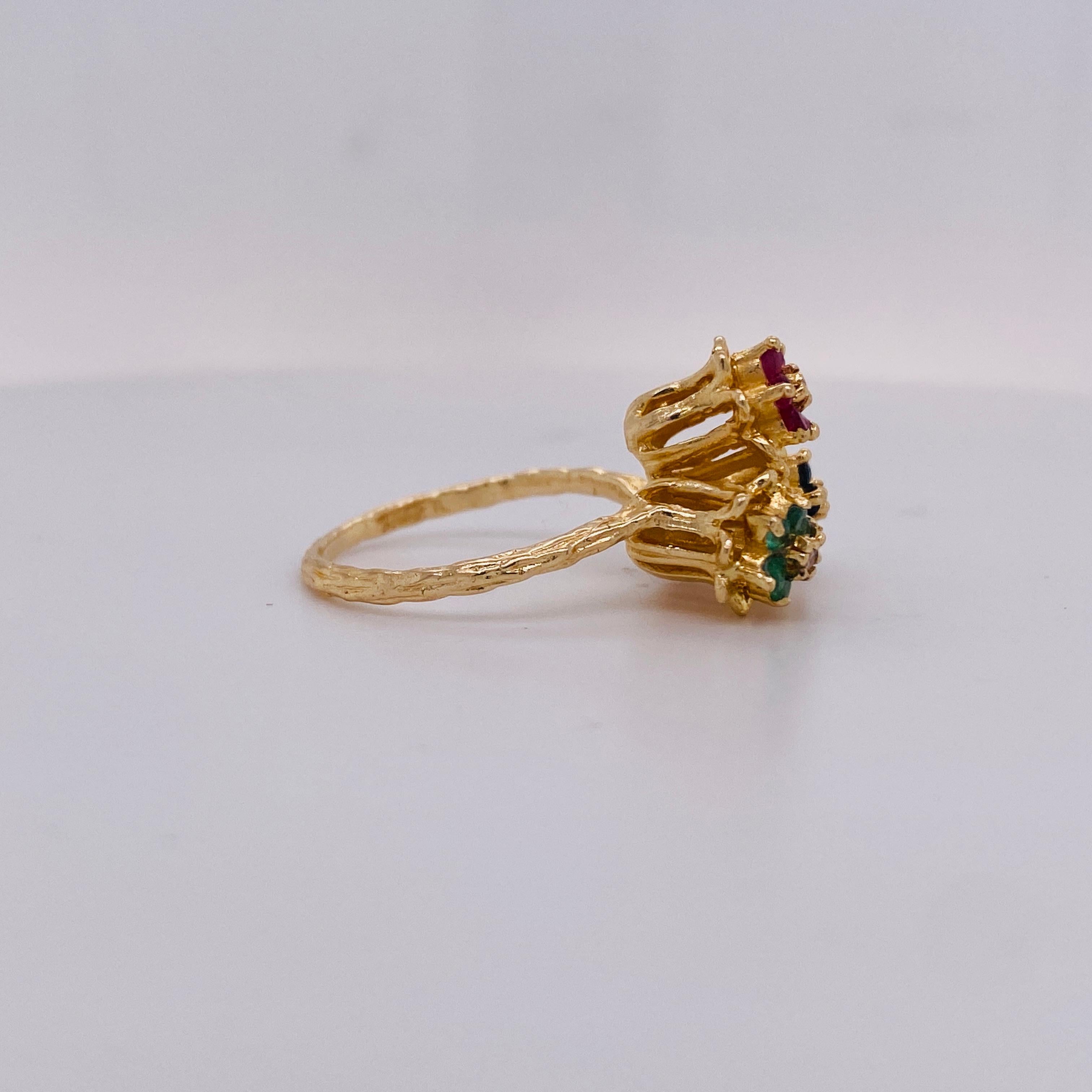 Dreifacher Tulpenring Rubine Saphire Smaragde & Diamanten Cluster in 14K Gold Damen im Angebot
