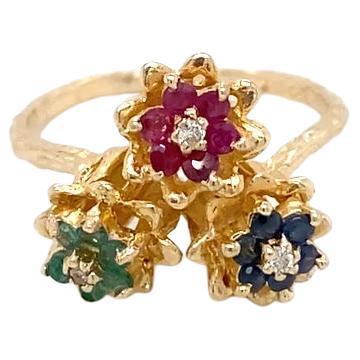 Dreifacher Tulpenring Rubine Saphire Smaragde & Diamanten Cluster in 14K Gold