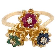 Dreifacher Tulpenring Rubine Saphire Smaragde & Diamanten Cluster in 14K Gold