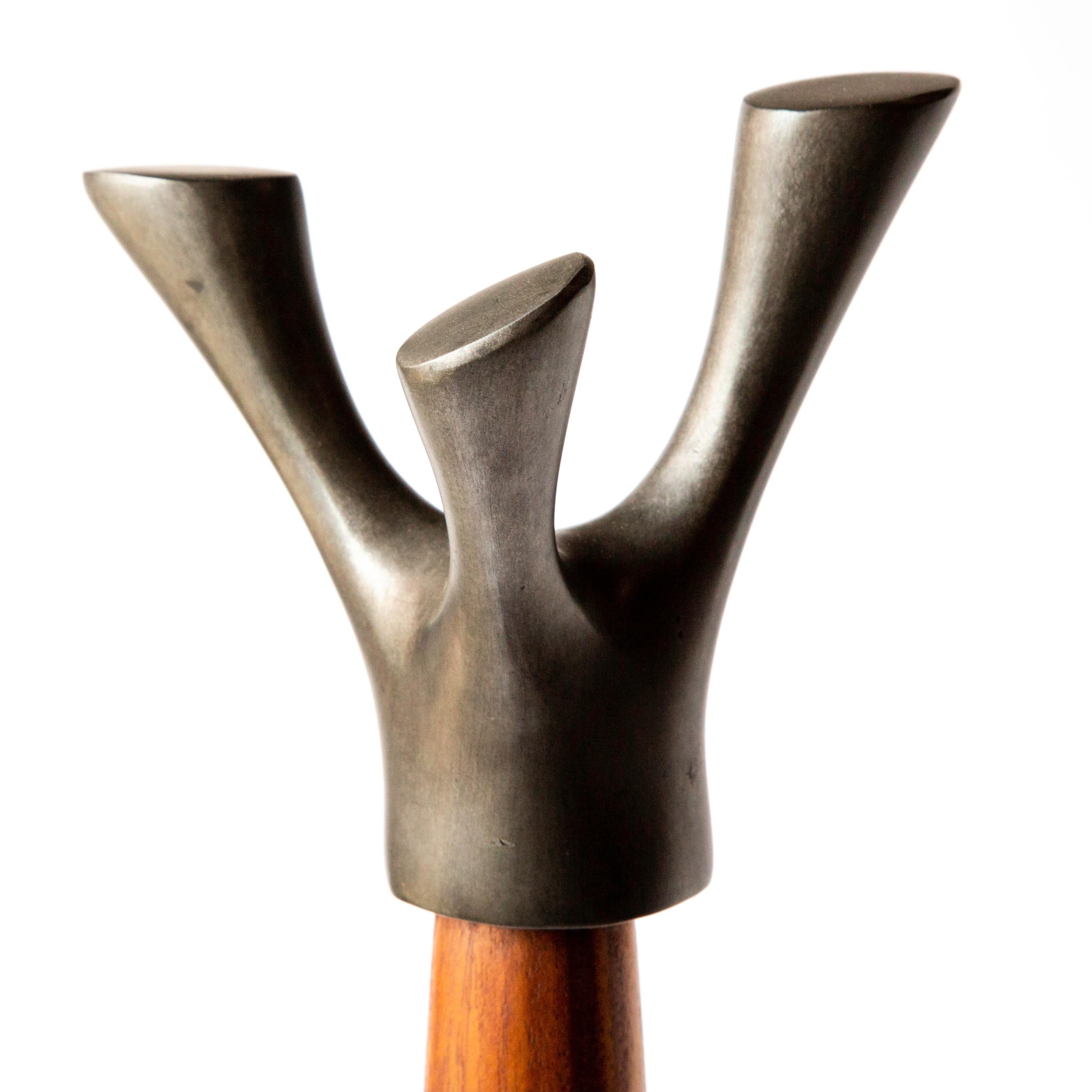 Triple twig coat rack / coat stand, solid mahogany and patinated cast aluminum, Jordan Mozer, USA, 2015.

Measures: 12