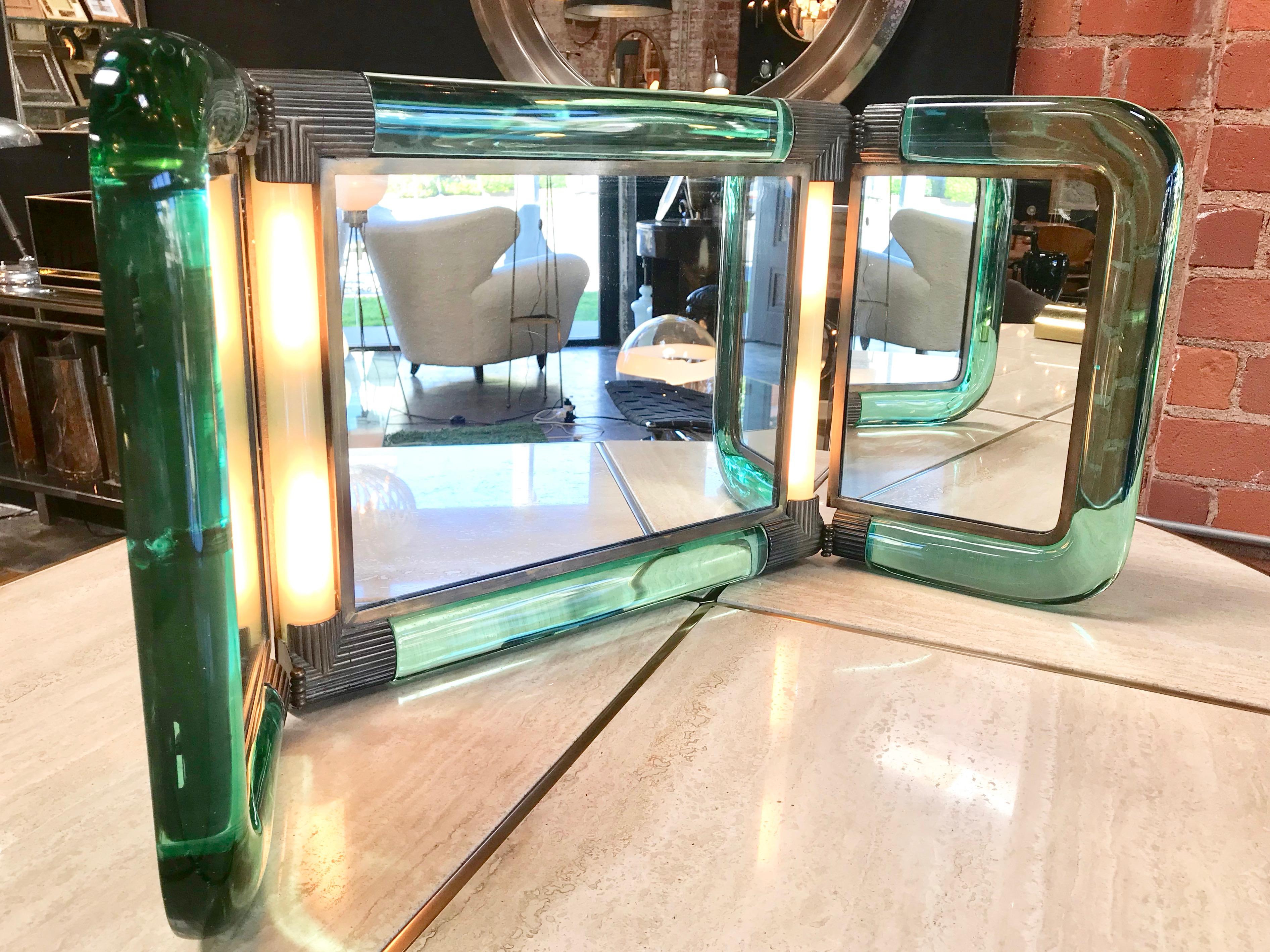 Art Deco Triple Vanity Table Light Mirror, 1940s