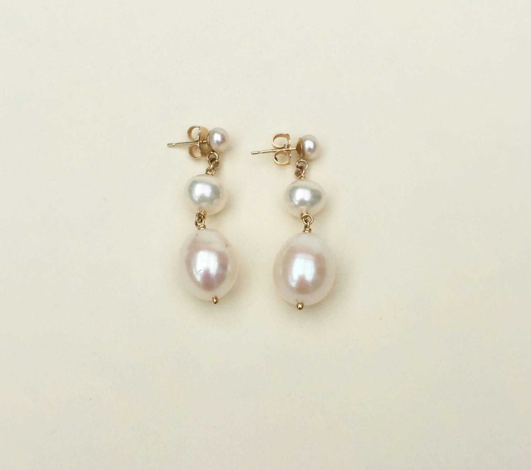 Triple White Pearl Earrings with 14 Karat Gold by Marina J In New Condition In Los Angeles, CA