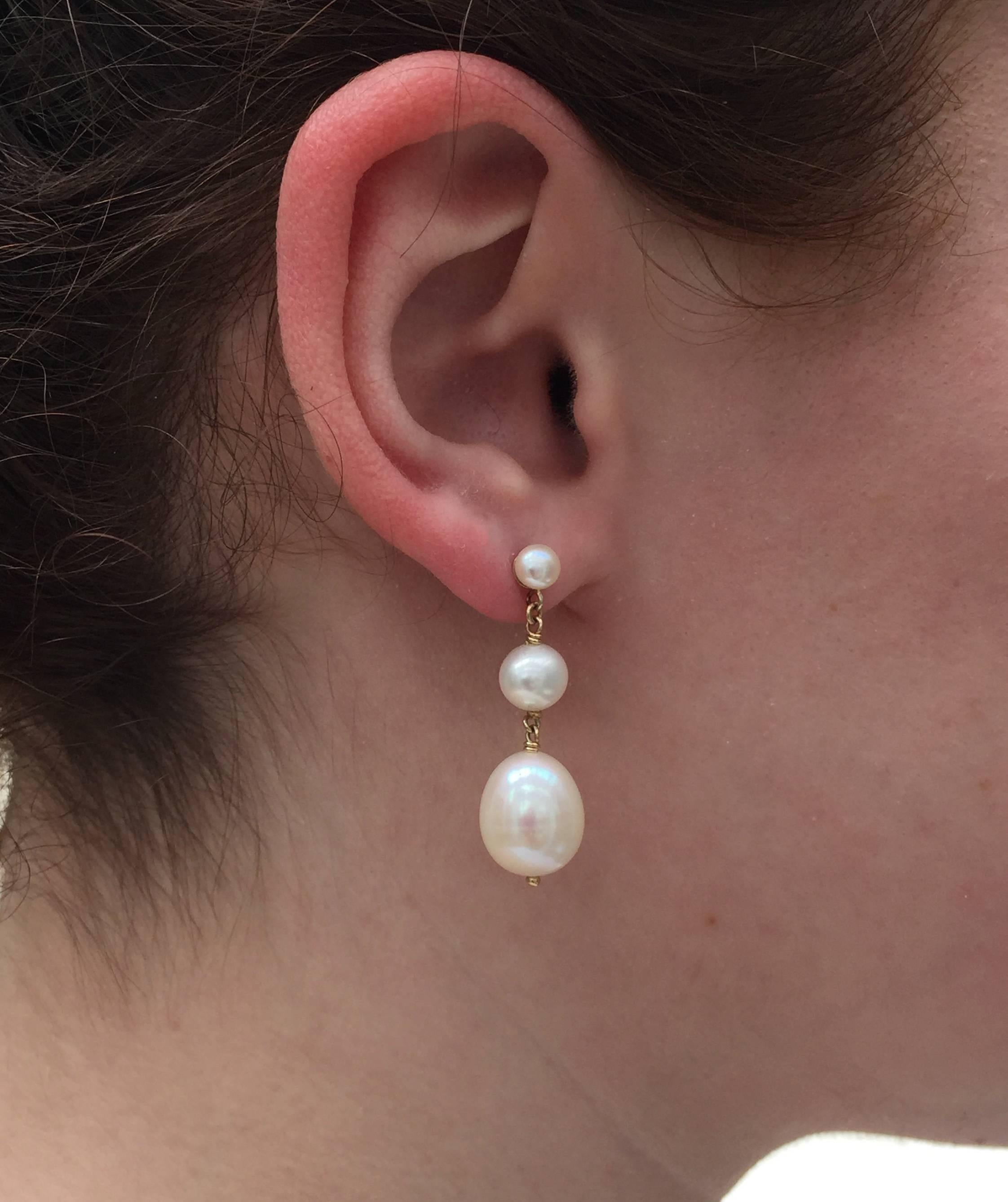 Women's Triple White Pearl Earrings with 14 Karat Gold by Marina J