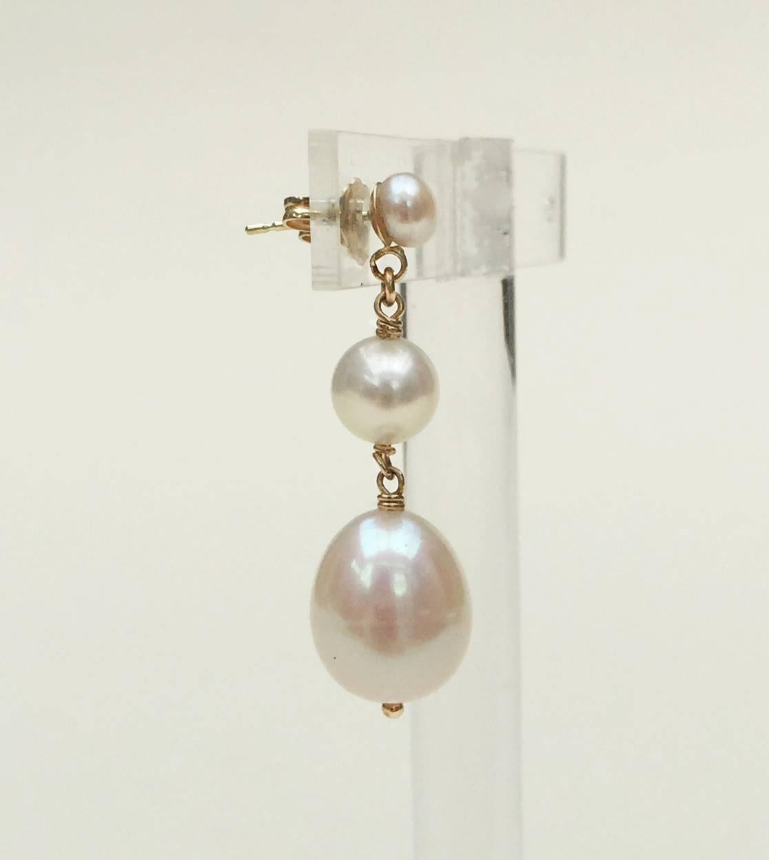 Triple White Pearl Earrings with 14 Karat Gold by Marina J 1