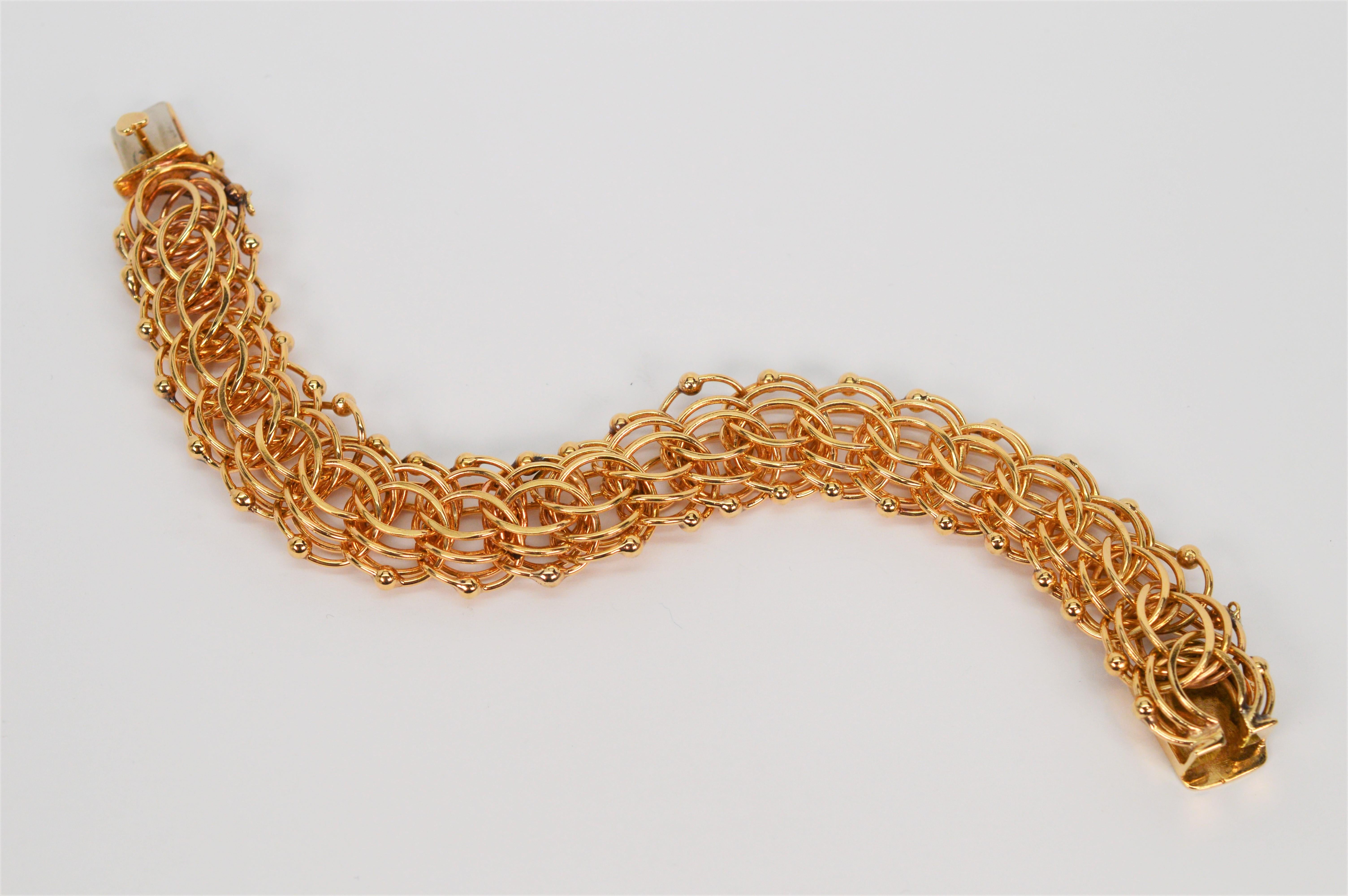 Triple Woven Link Retro 14 Karat Yellow Gold Charm Bracelet In Excellent Condition For Sale In Mount Kisco, NY