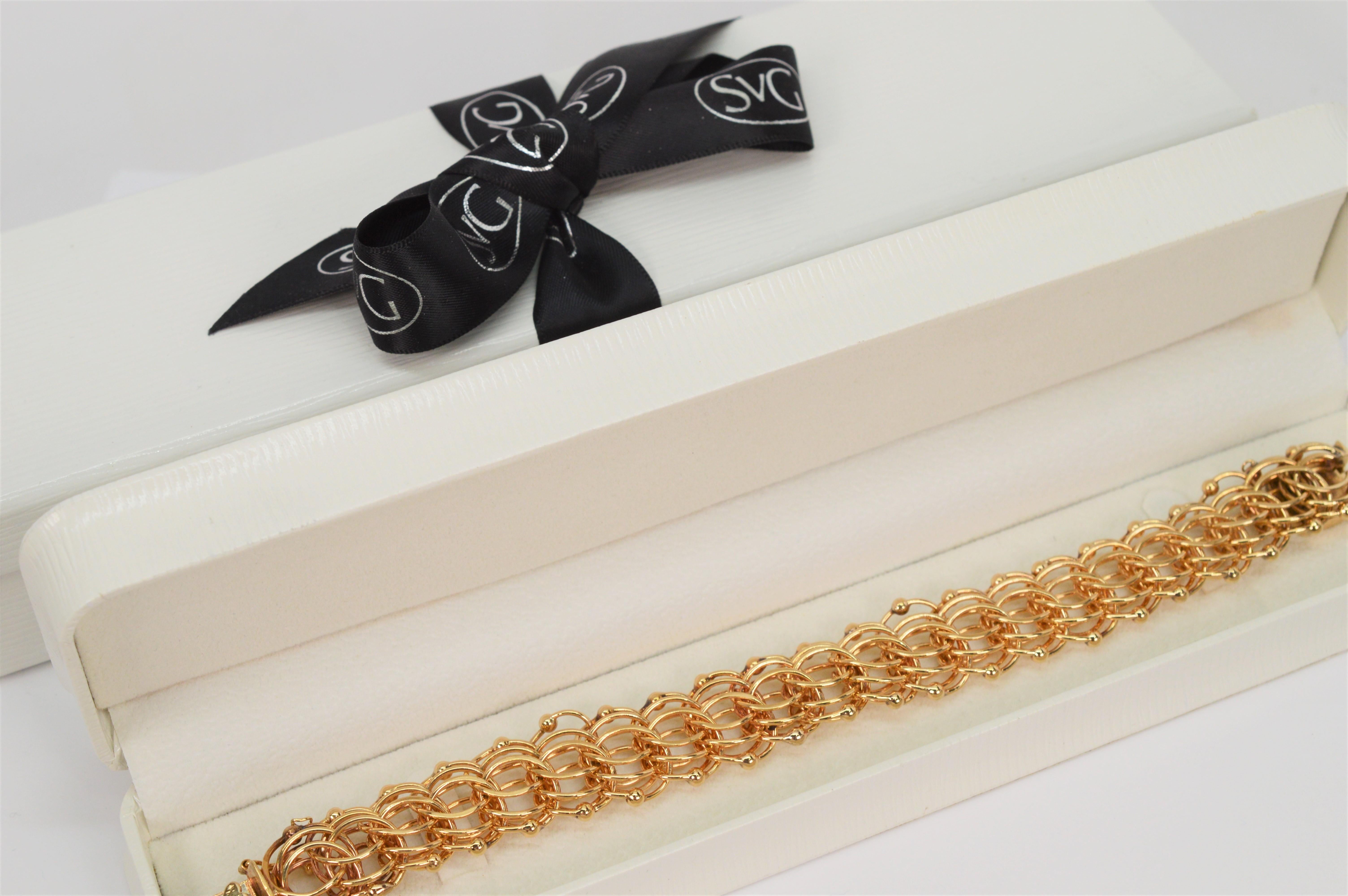 Women's Triple Woven Link Retro 14 Karat Yellow Gold Charm Bracelet For Sale