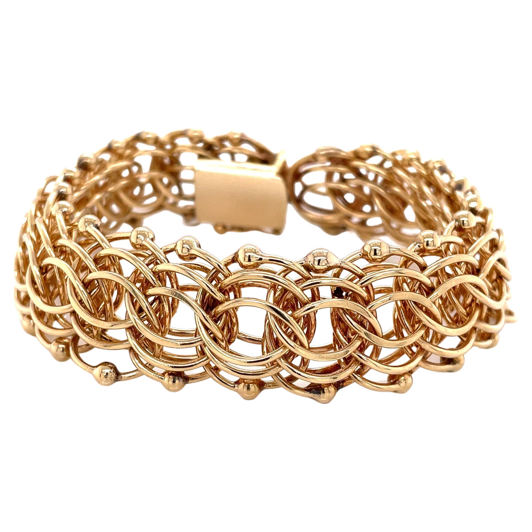 Triple Woven Link Retro 14 Karat Yellow Gold Charm Bracelet For Sale