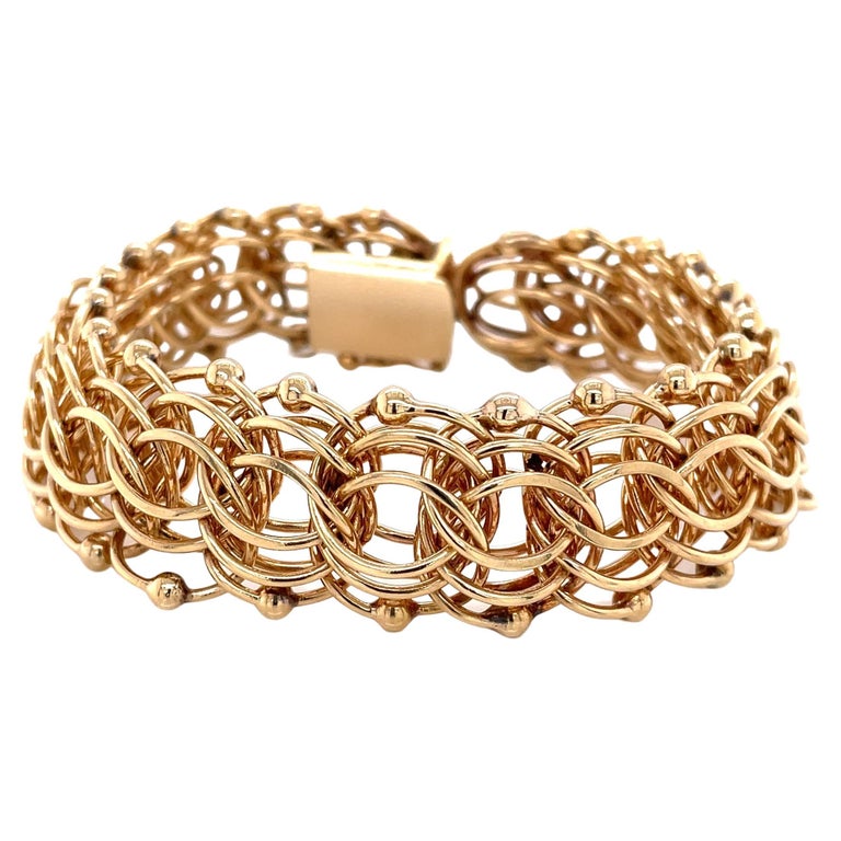 Triple Woven Link Retro 14 Karat Yellow Gold Charm Bracelet For