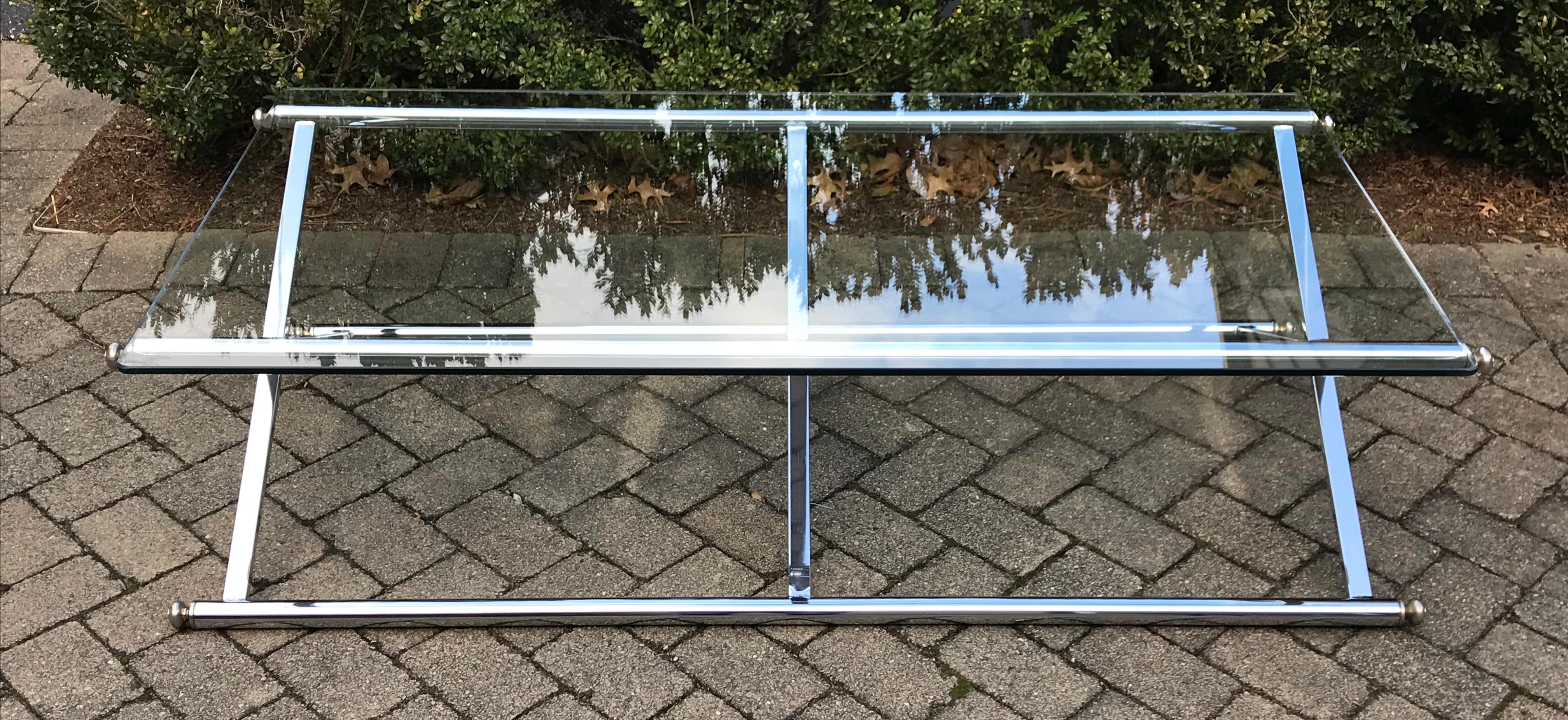 Mid Century Coffee Table Chrome & Glass, X-Frame Base, Maison Jansen Style In Good Condition For Sale In Bedford Hills, NY