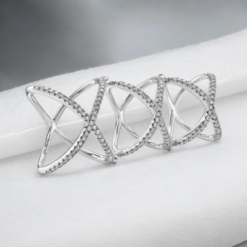 Modern Triple X Kiss Ring 1.00 Carat Round Brilliant Diamond Ring 18 Karat White Gold For Sale