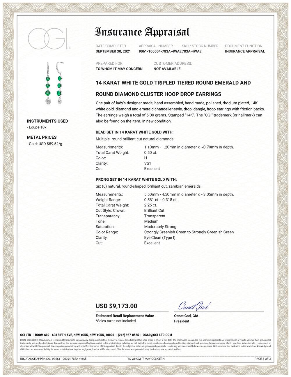 Fourteen karats white gold drop hoop cluster earrings 
Diamonds weighing 0.50 carats
Six vibrant, vivid and brilliant Colombian emeralds weighing 2.25 carats
Emerald tone color is of parakeet hue 
Round emeralds measuring from 5.5 millimeters to 4.5