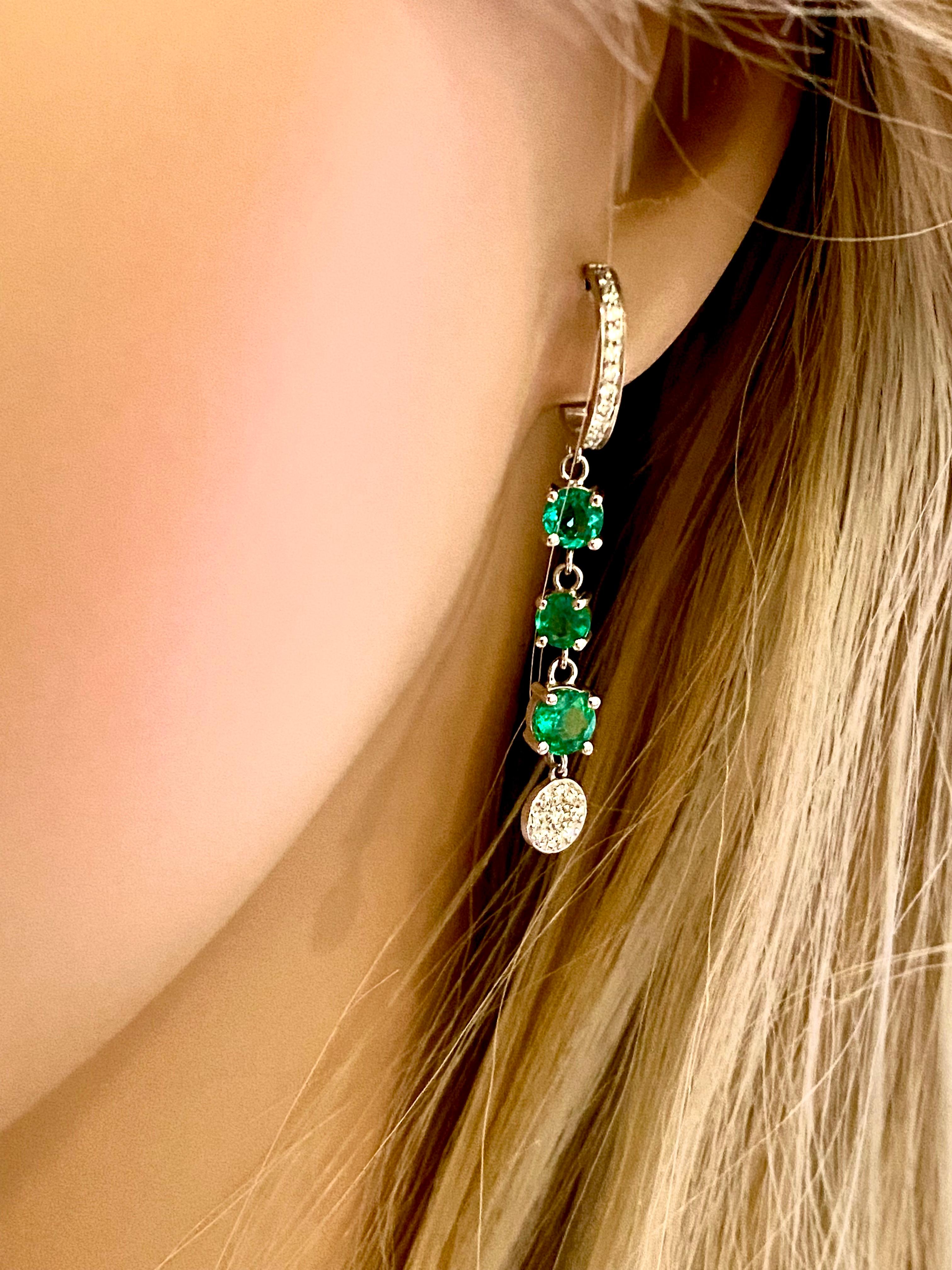 Contemporary Tripled Tiered Emerald and Diamond Cluster Hoop Drop Earrings