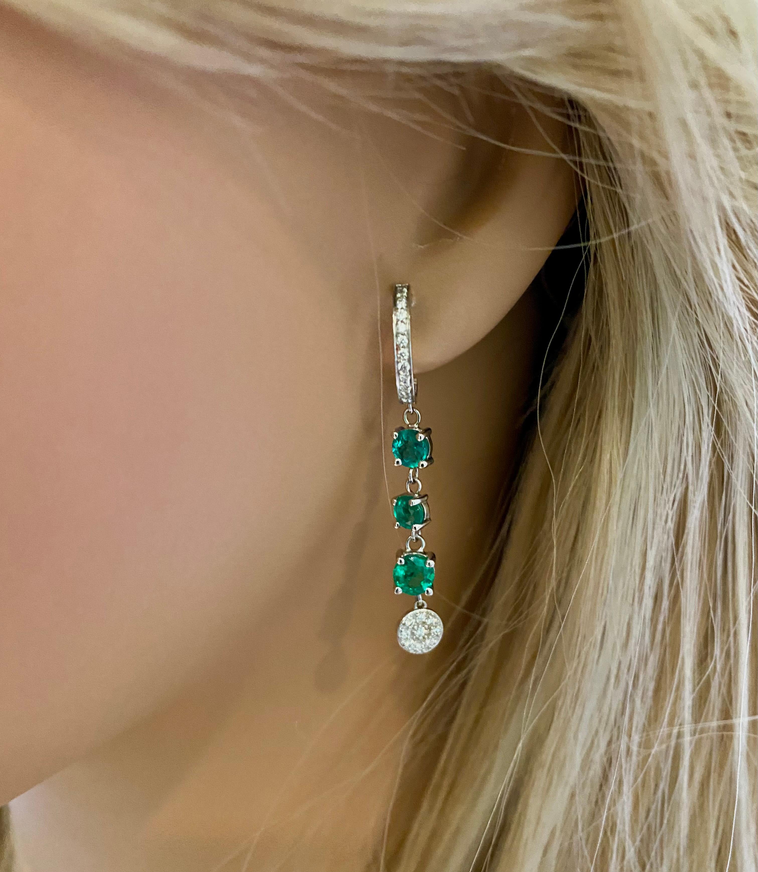 Tripled Tiered Emerald and Diamond Cluster Hoop Drop Earrings In New Condition In New York, NY