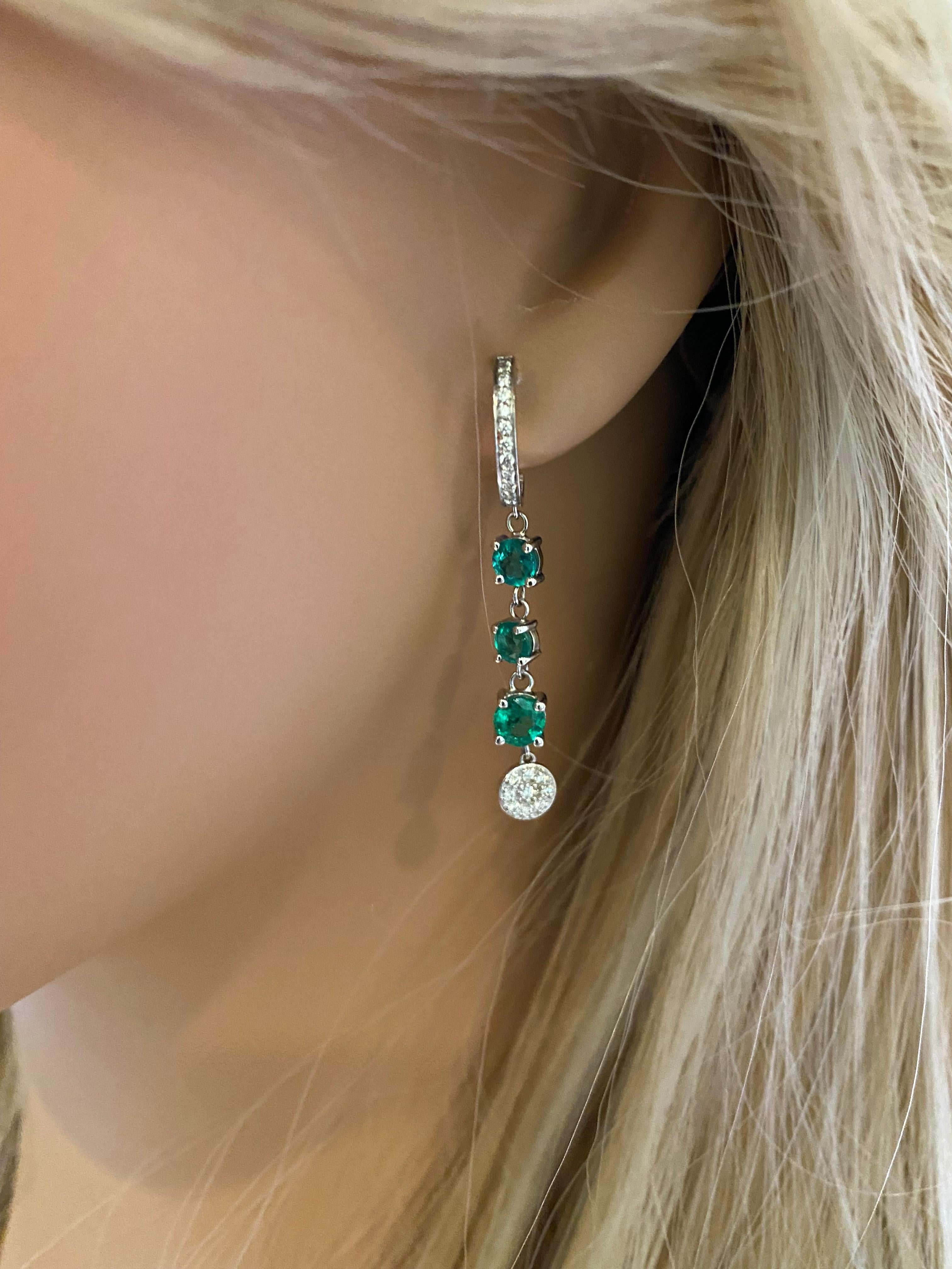 Tripled Tiered Emerald and Diamond Cluster Hoop Drop Earrings 1