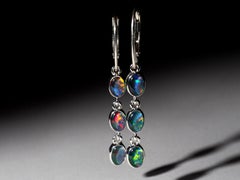 Dreifacher Opal Lange Silber Ohrringe Rot Blau Grün Schwarz Opal