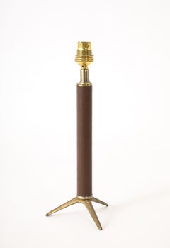 Tripod Brass & Leather Lamp, France 1950's