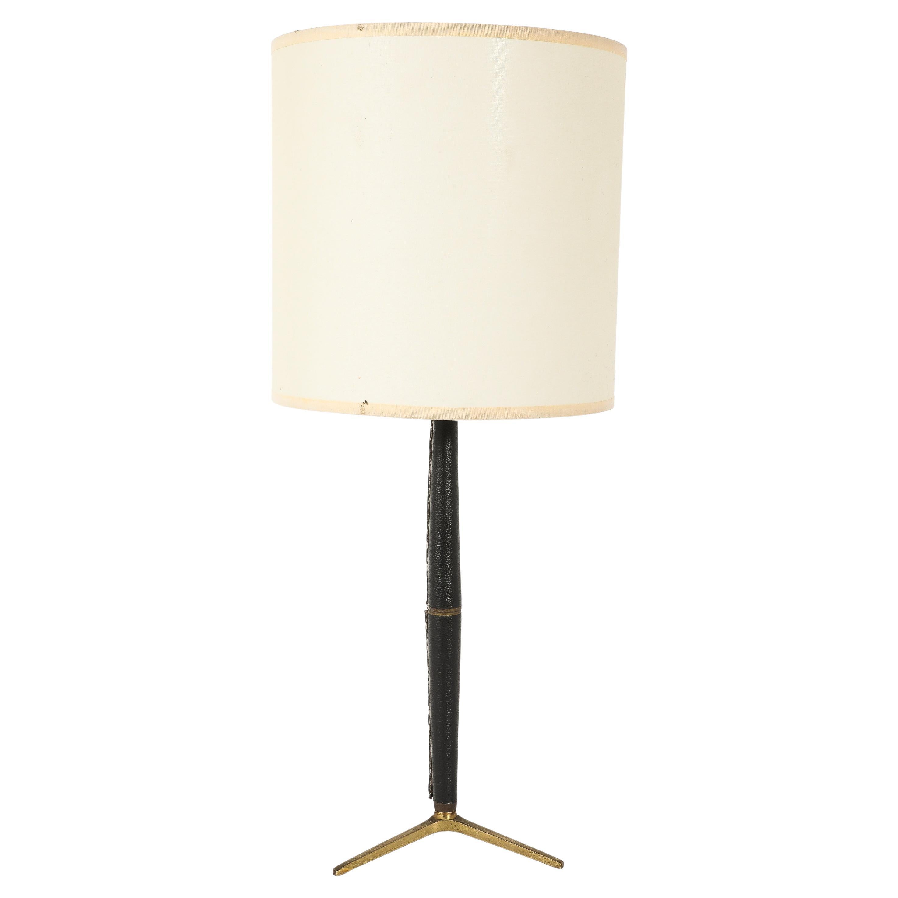 Tripod Brass & Leather Lamp, France 1950's