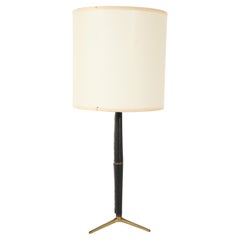 Tripod Brass & Leather Lamp, France 1950's