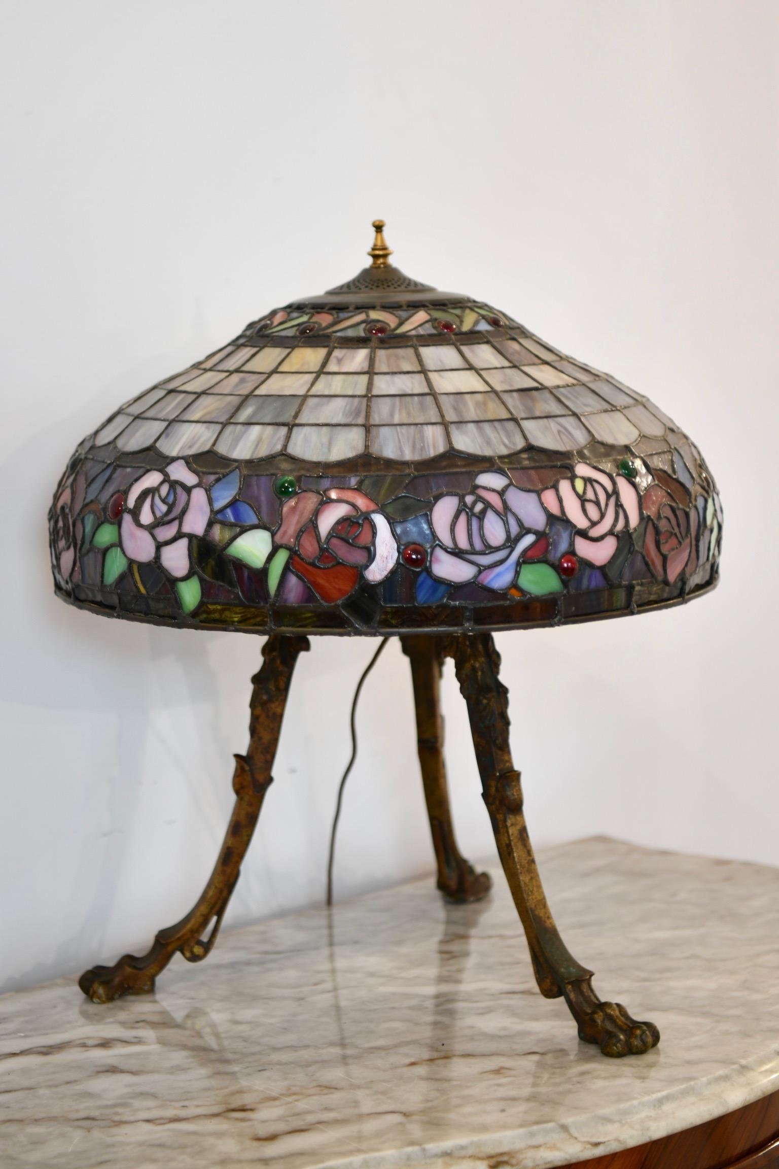 Tripod Bronze & Stained Glass Lamp In Good Condition For Sale In Brooklyn, NY