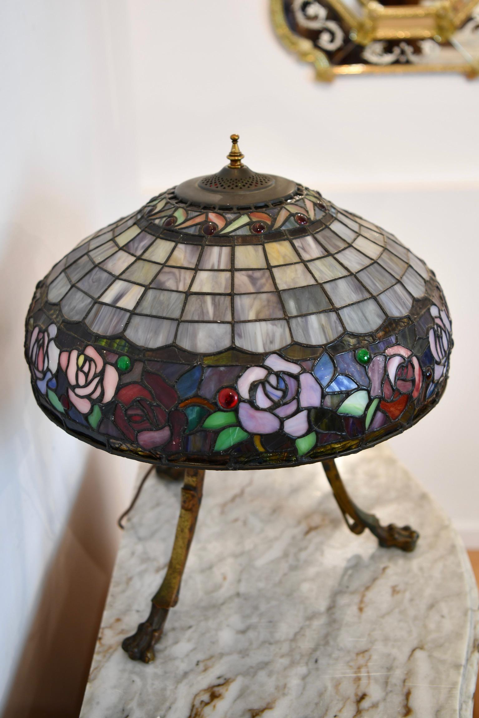 20th Century Tripod Bronze & Stained Glass Lamp For Sale