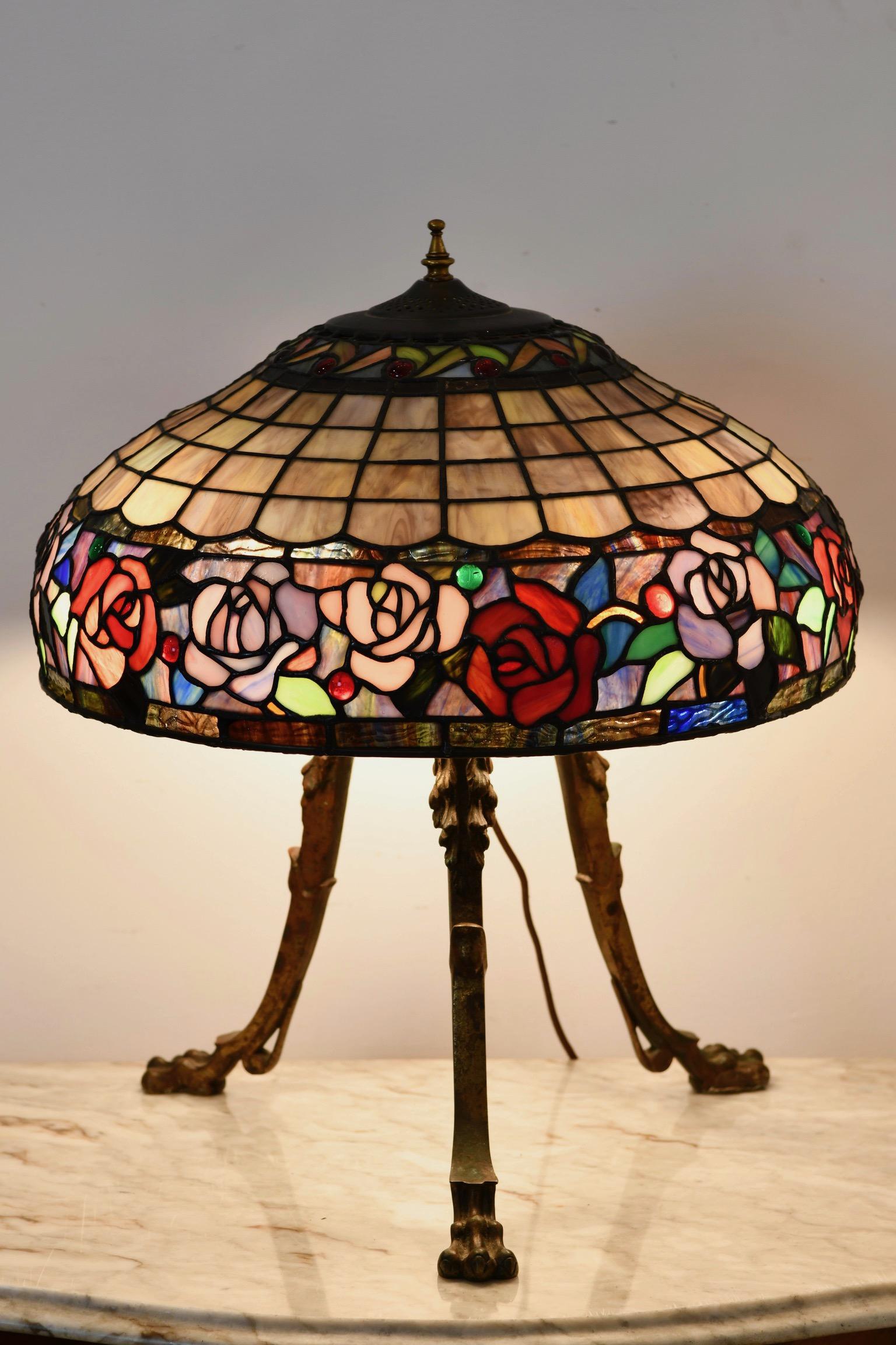 Tripod Bronze & Stained Glass Lamp For Sale 5