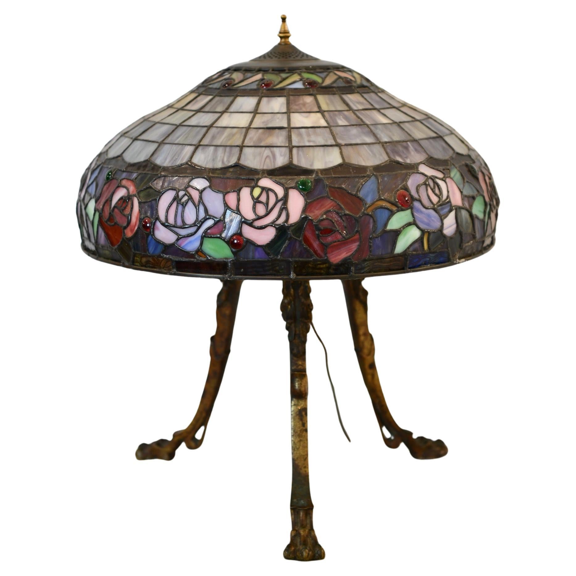 Tripod Bronze & Stained Glass Lamp For Sale