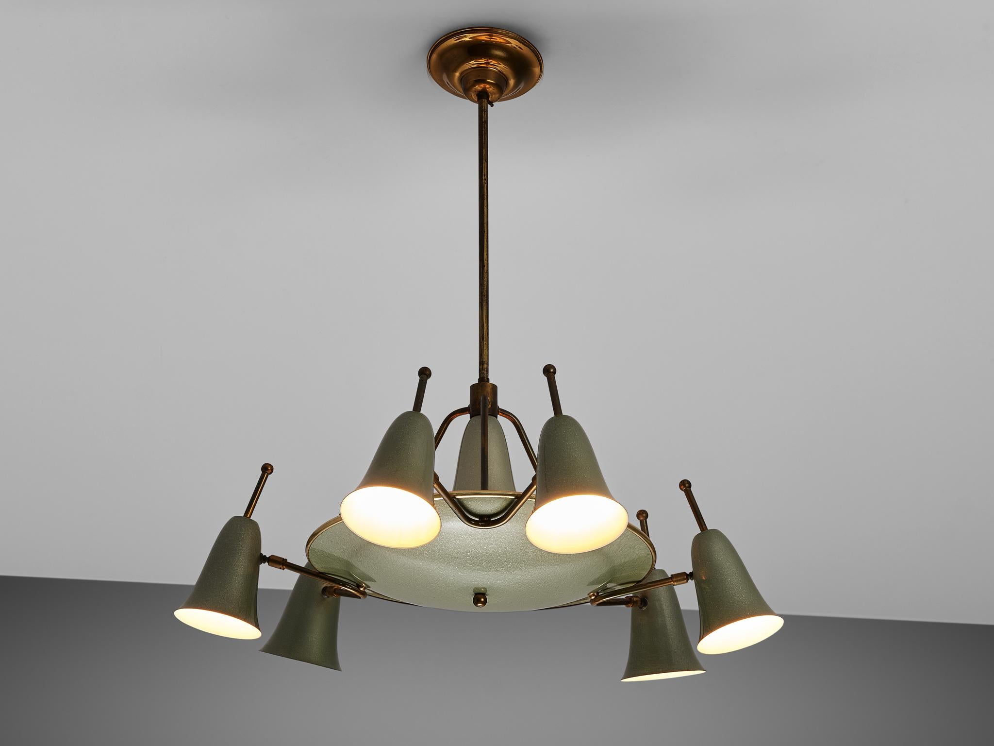 Tripod ceiling light, metal and brass, Europe, 1960s.

Chandelier made out of six adjustable shades paired in groups of two. The green color of the lamp fits perfectly with the metal, giving it an industrial look. The brass details balance this