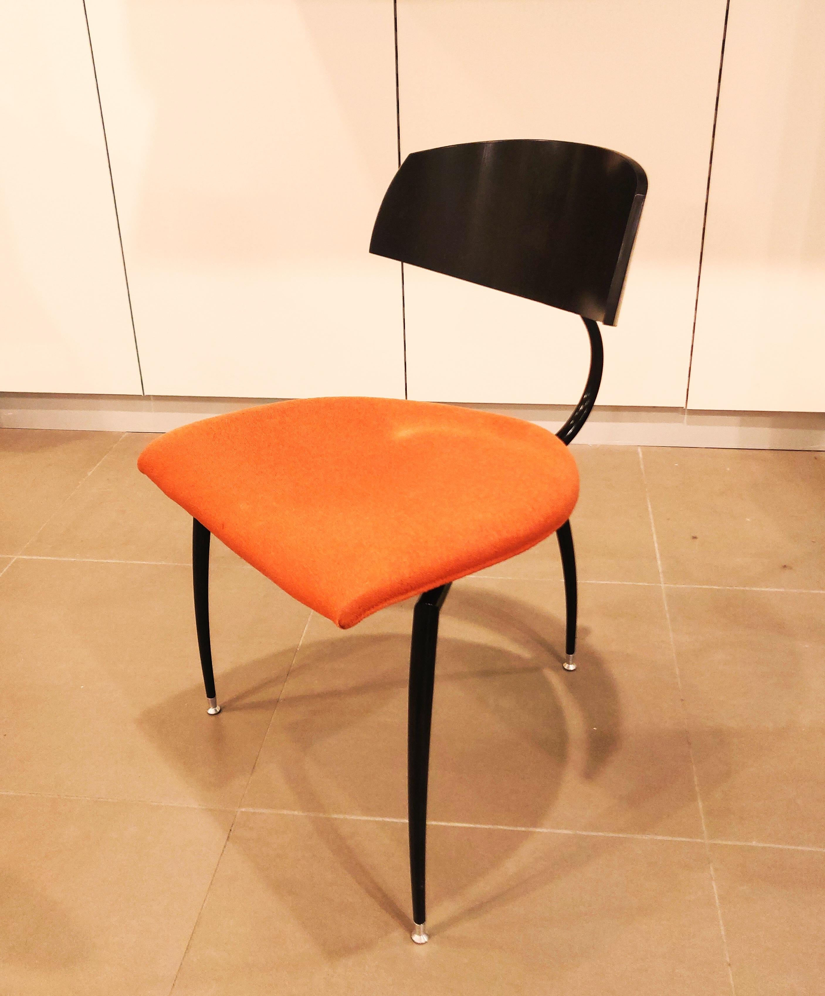 Dutch design tripod chair by Lande, 1980s. Black metal frame, floating black wooden back with aluminum connector, fabric seat. Another piece in different color seat available.