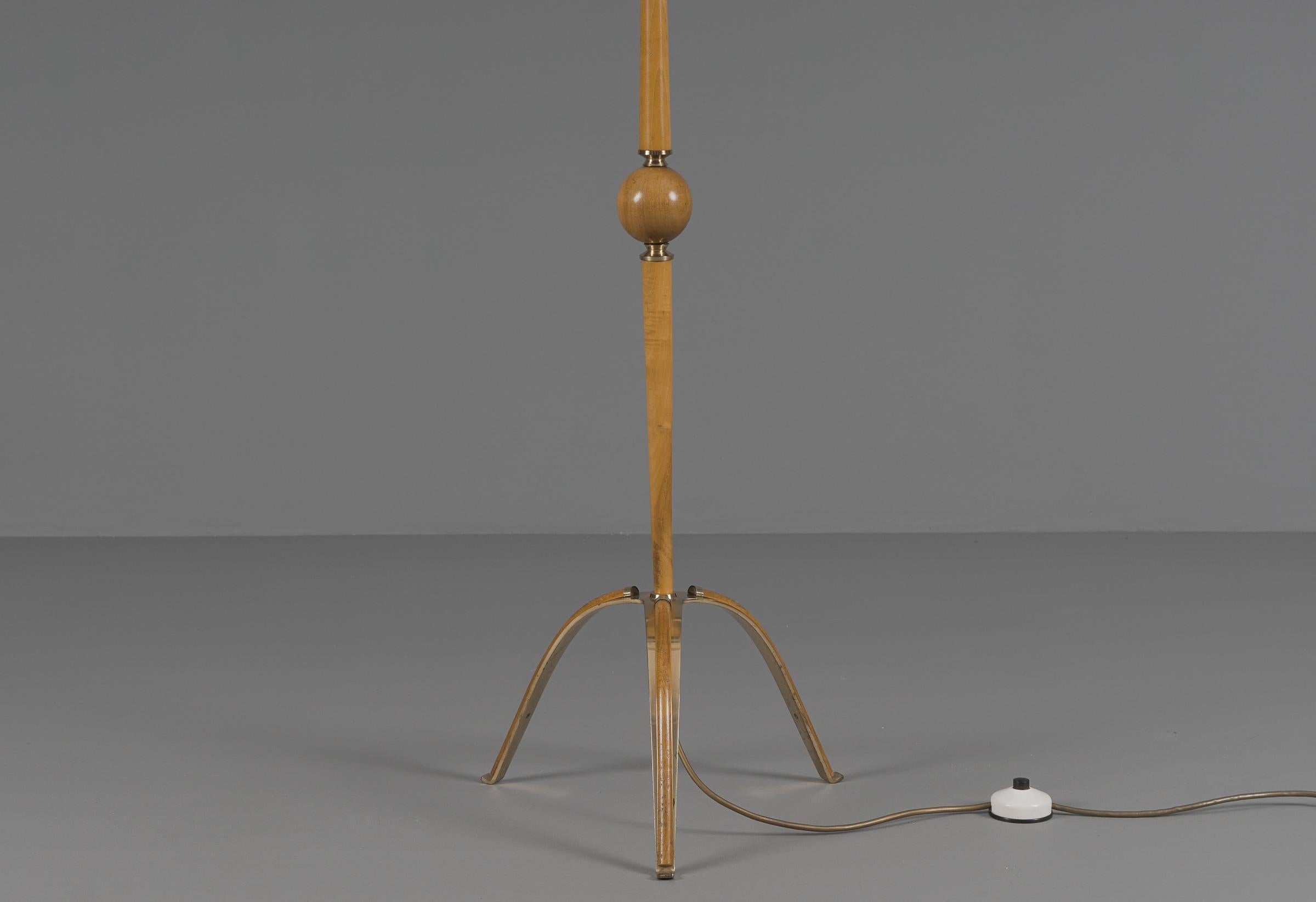 Italian Tripod Cherry Wood Floor Lamp, 1950s For Sale