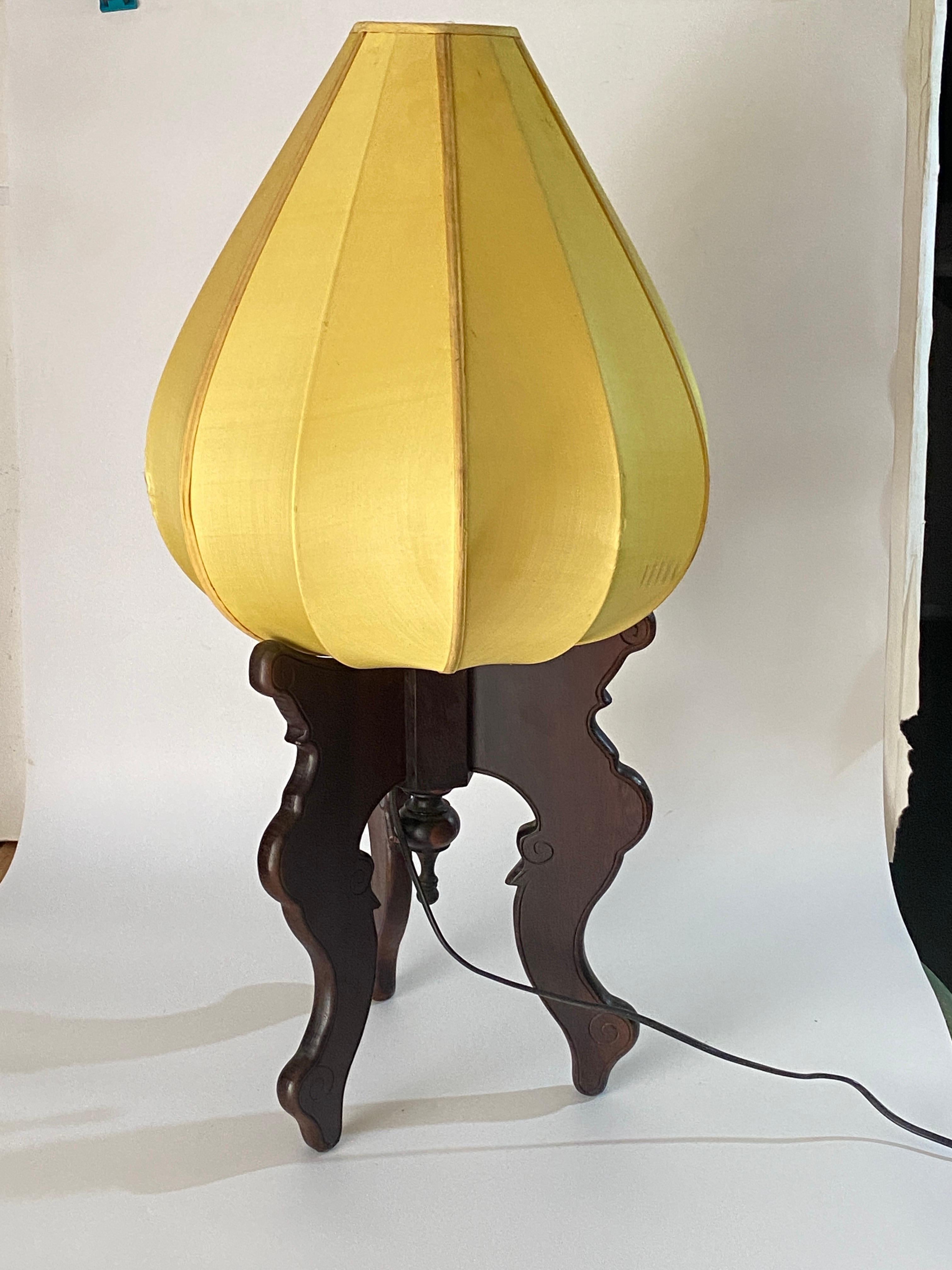 Tripod Chinese Floor Lamp, Fabric and Wood, Brown and Yellow, China, Circa 1950 3