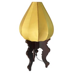 Tripod Chinese Floor Lamp, Fabric and Wood, Brown and Yellow, China, Circa 1950