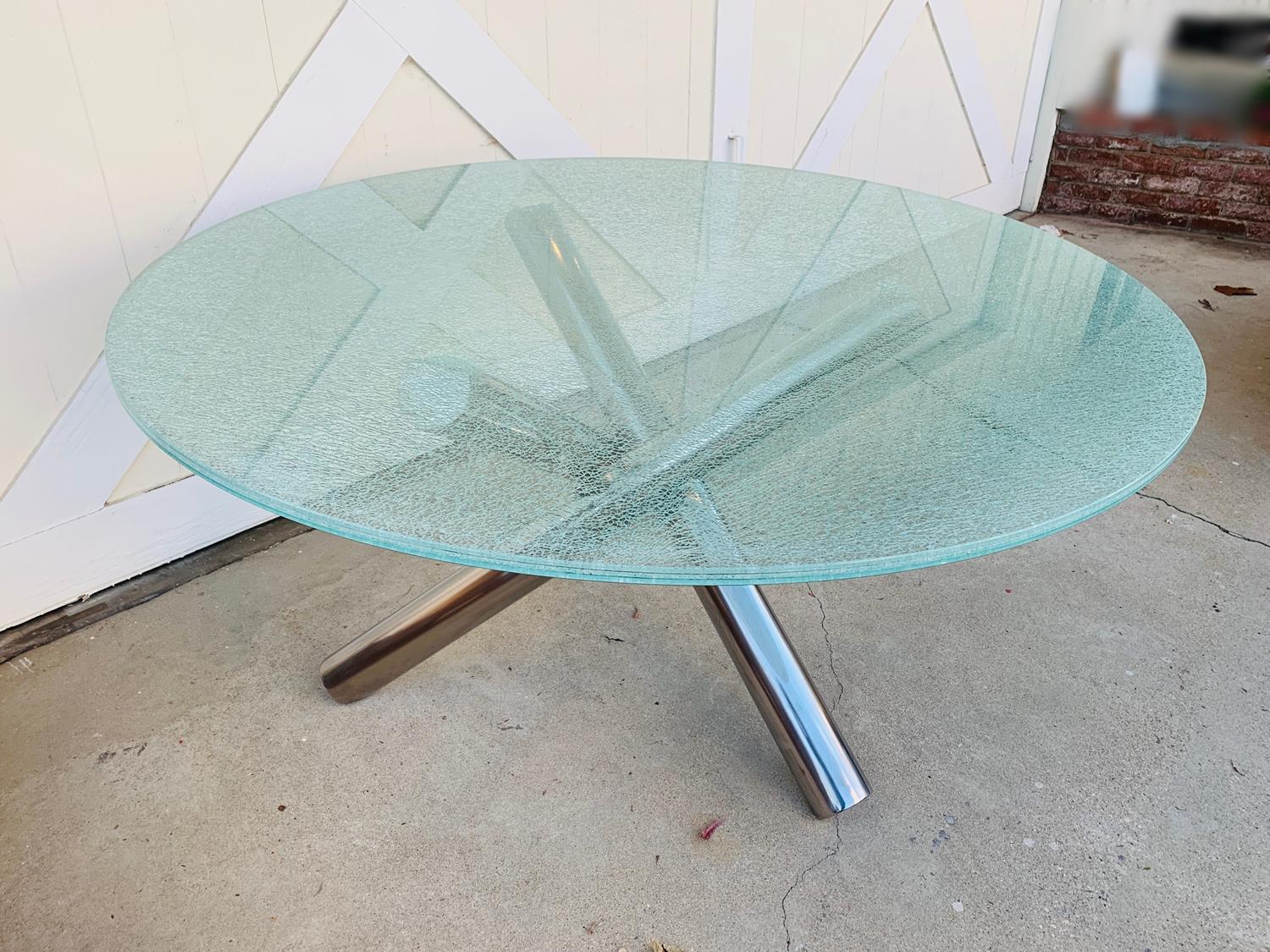 Stainless Steel Tripod Dining Table with Crackled Glass Top