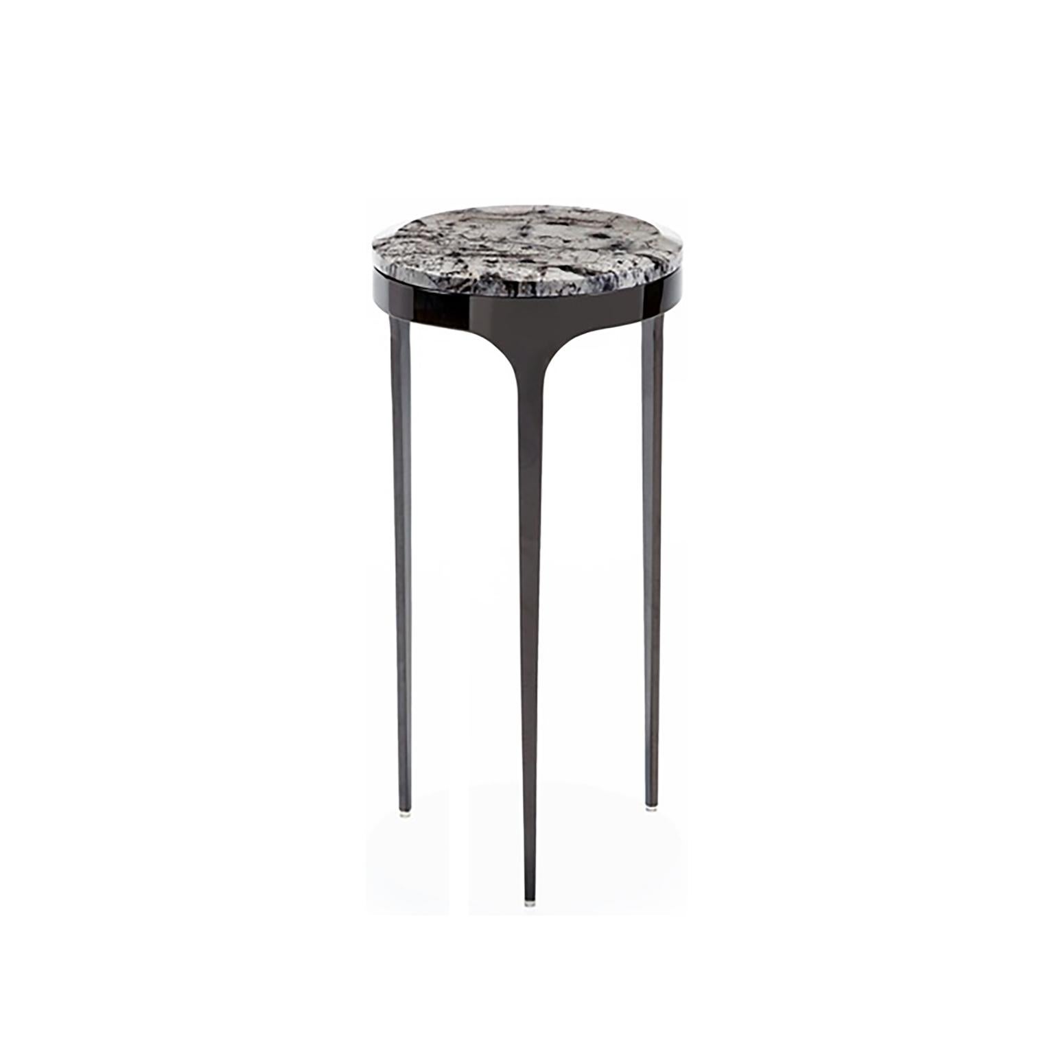 Tripod drink table with gunmetal base and marble top.