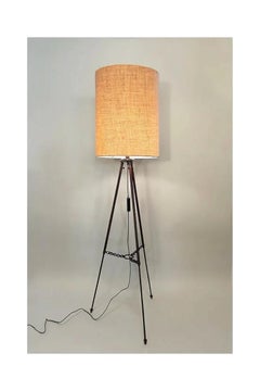 20th Century Antique Tripod Floor Lamp with Metal Base and Amber Shade