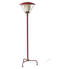 Tripod Floor Lamp, beautiful dark red lacquer with opal & messing, Belgium, '50s
