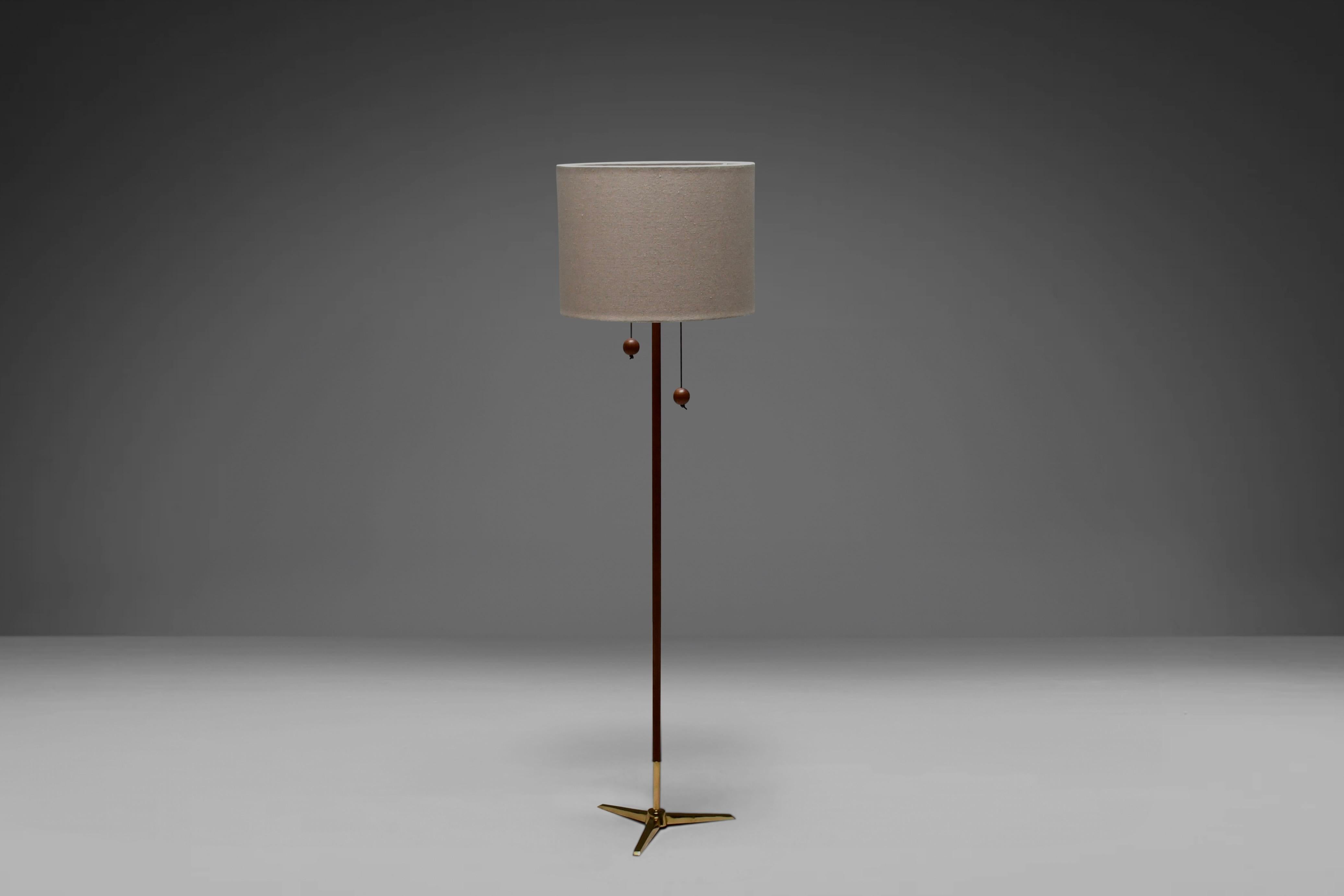 Scandinavian Modern Tripod Floor Lamp by Fog & Mørup made of Teak and Brass, Denmark 1960s For Sale