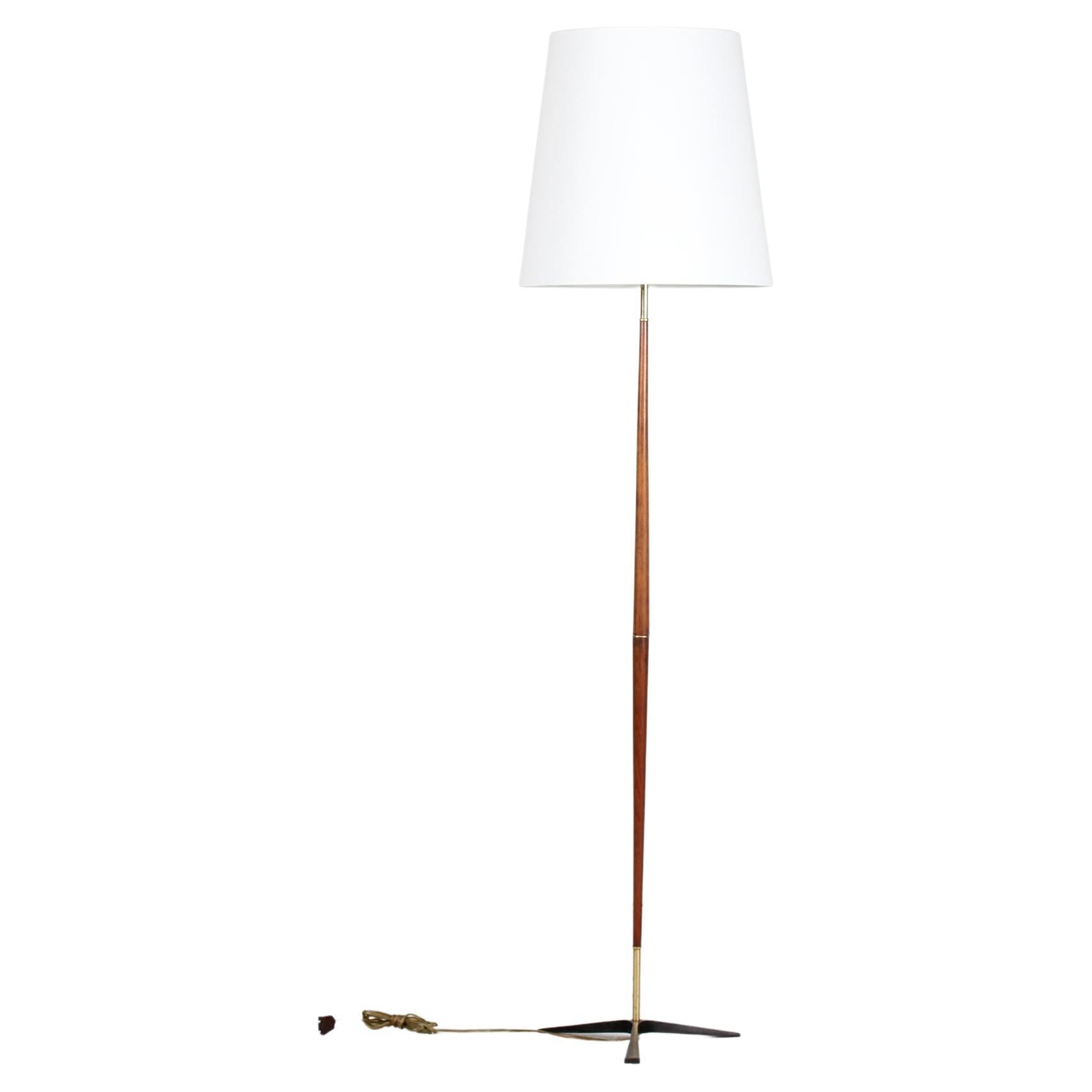 Tripod Floor Lamp by Fog 
Mørup made of Teak and Brass with New Shade, Denmark