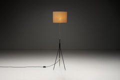 Tripod Floor Lamp in Brass and Black Lacquered Metal, Denmark Mid-20th Century